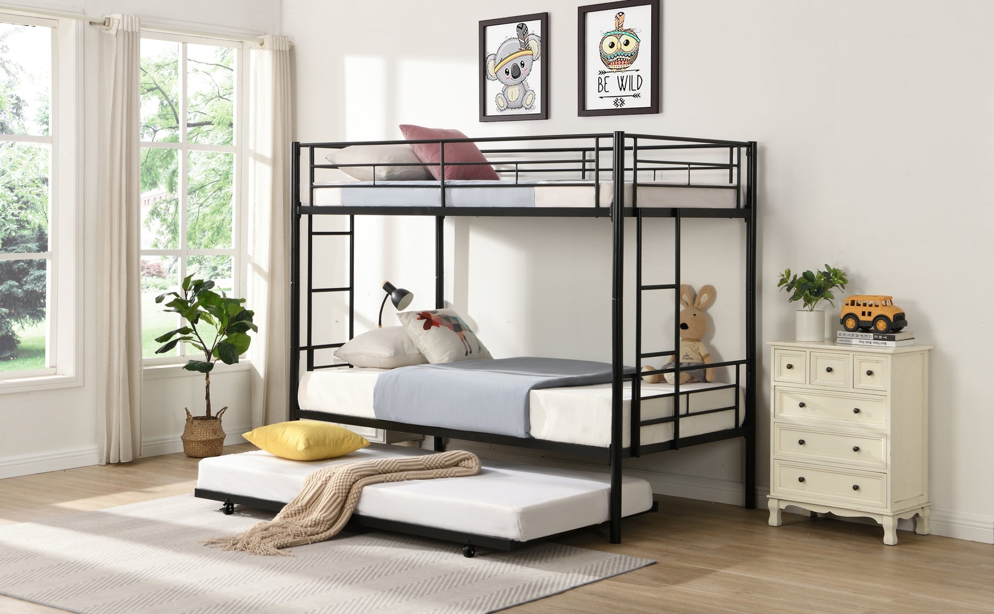 Over Twin Bunk Bed Frame With Trundle,Metal Bunkbed With Sturdy Guard Rail And 2 Sideladders For Kids Adults,Can Be Divided Into Two Beds, No Box Spring Needed, Noise Free For Dorm,Black Box Spring Not Required Twin Black Metal Bedroom Industrial Bunk