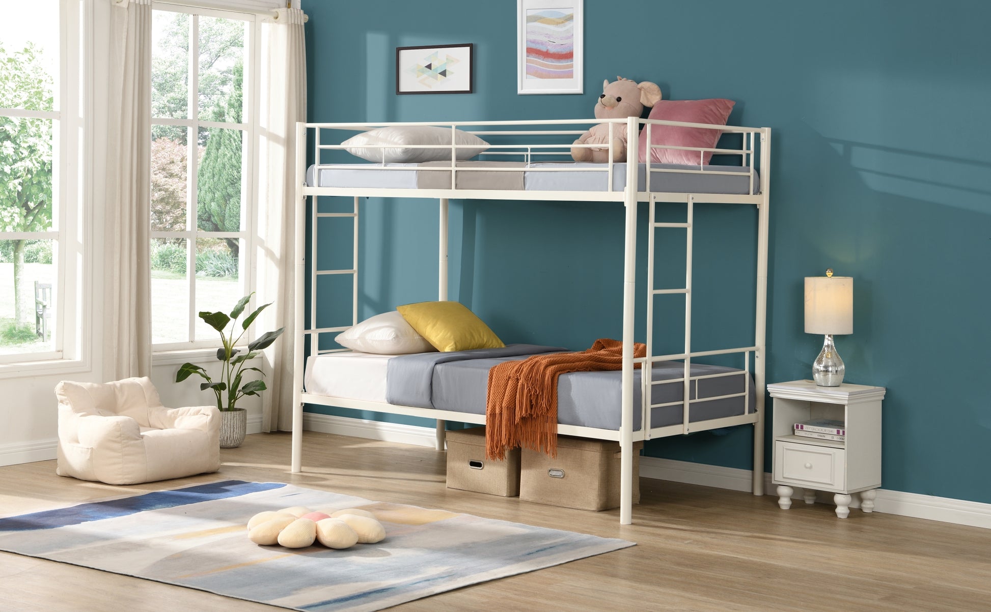 Twin Over Twin Metal Bunk Bed,Metal Structure Bedframe With Safety Guardrails And 2 Ladders,Convertible Bunkbeds,No Spring Box Required And Space Saving Design,White Box Spring Not Required Twin White Metal Bedroom Industrial Bed Frame Metal