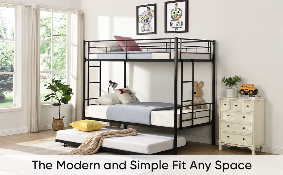 Over Twin Bunk Bed Frame With Trundle,Metal Bunkbed With Sturdy Guard Rail And 2 Sideladders For Kids Adults,Can Be Divided Into Two Beds, No Box Spring Needed, Noise Free For Dorm,Black Box Spring Not Required Twin Black Metal Bedroom Industrial Bunk