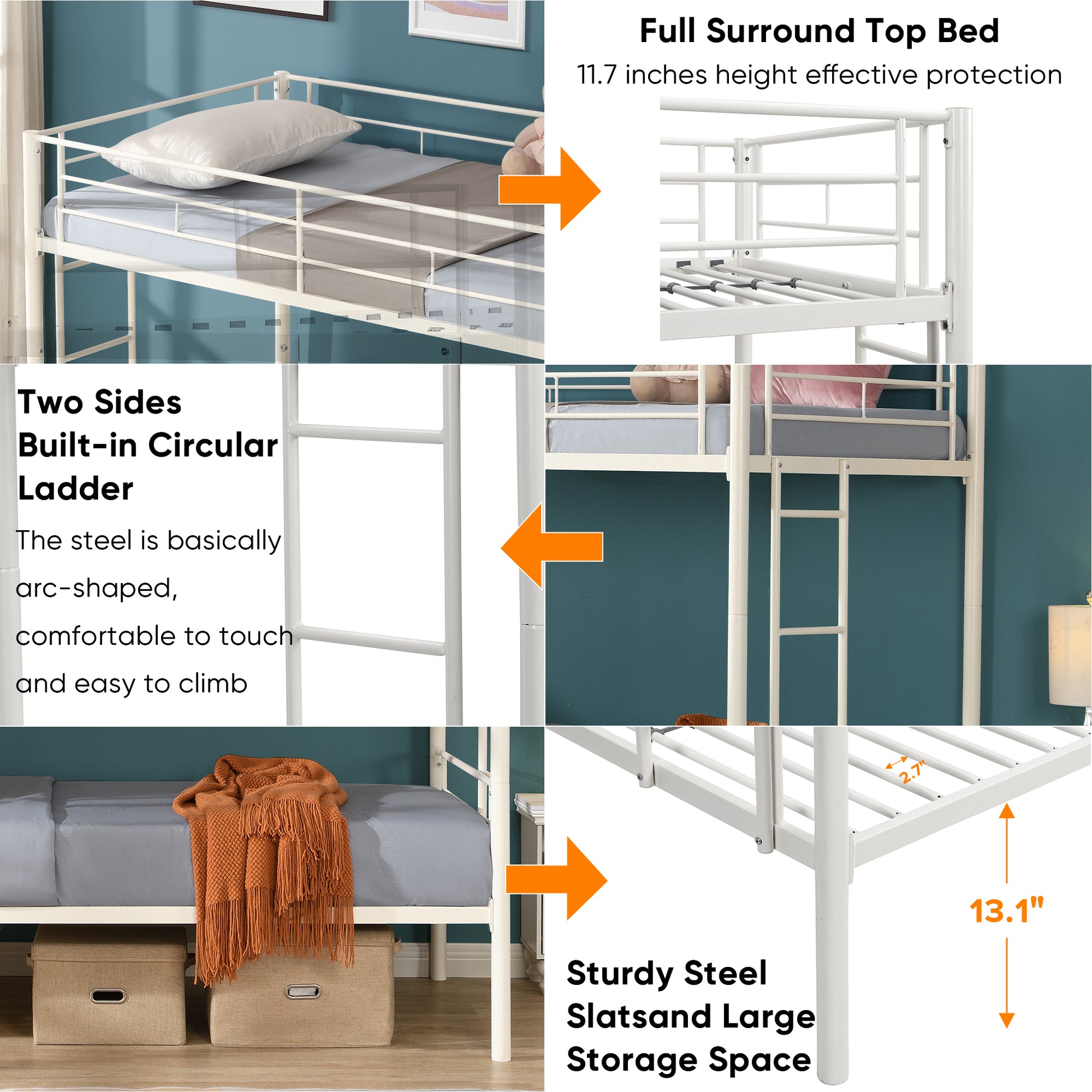 Twin Over Twin Metal Bunk Bed,Metal Structure Bedframe With Safety Guardrails And 2 Ladders,Convertible Bunkbeds,No Spring Box Required And Space Saving Design,White Box Spring Not Required Twin White Metal Bedroom Industrial Bed Frame Metal