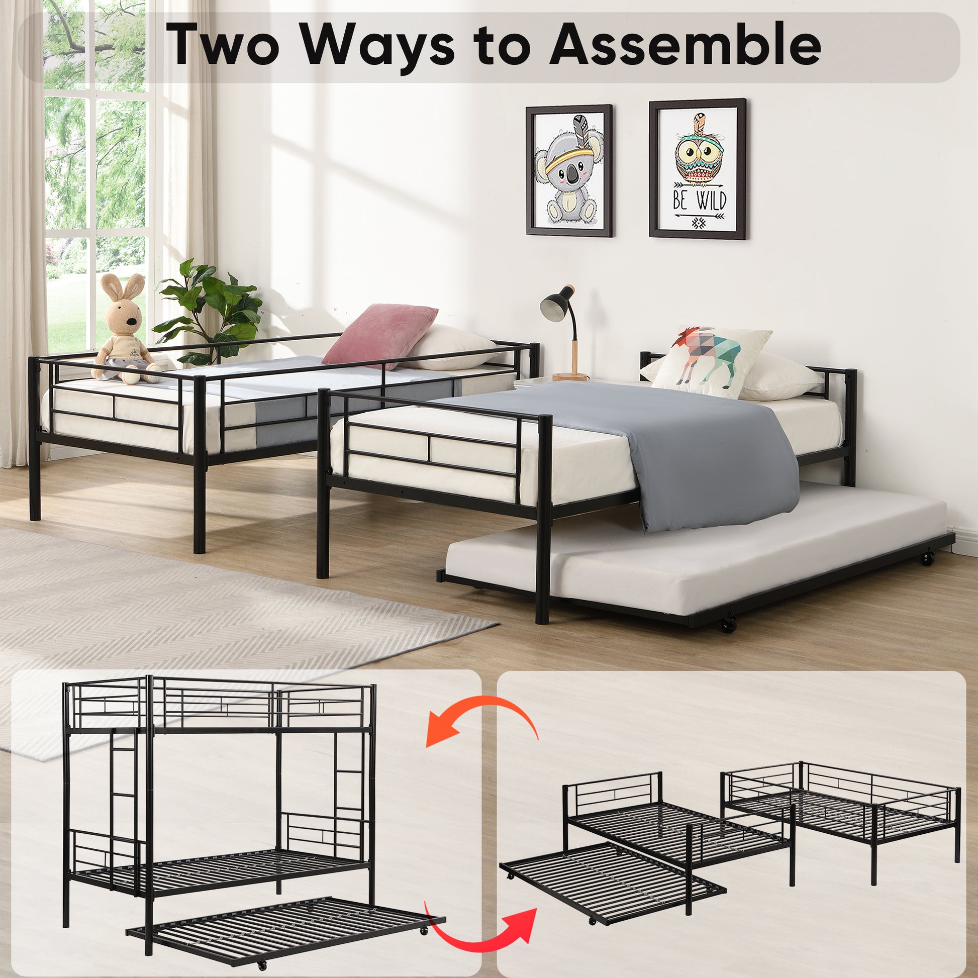 Over Twin Bunk Bed Frame With Trundle,Metal Bunkbed With Sturdy Guard Rail And 2 Sideladders For Kids Adults,Can Be Divided Into Two Beds, No Box Spring Needed, Noise Free For Dorm,Black Box Spring Not Required Twin Black Metal Bedroom Industrial Bunk