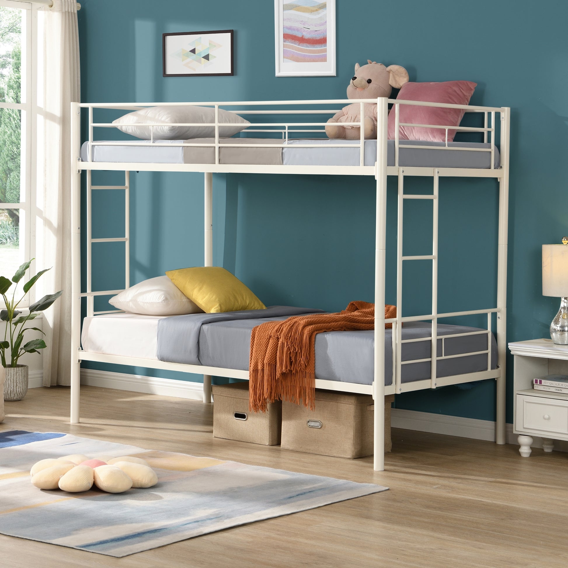 Twin Over Twin Metal Bunk Bed,Metal Structure Bedframe With Safety Guardrails And 2 Ladders,Convertible Bunkbeds,No Spring Box Required And Space Saving Design,White Box Spring Not Required Twin White Metal Bedroom Industrial Bed Frame Metal