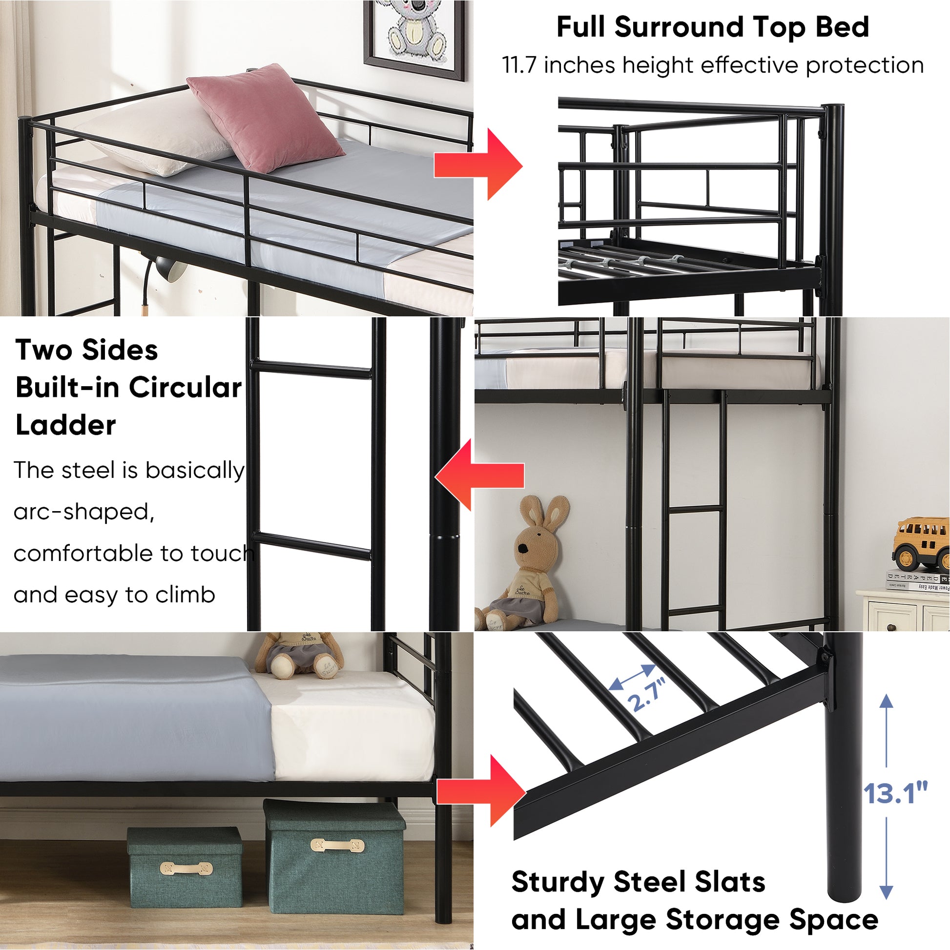 Bunk Bed Twin Over Twin Size With 2 Ladders And Full Length Guardrail, Metal, Storage Space, No Box Spring Needed, Noise Free, Black Box Spring Not Required Twin Black Metal Bedroom Industrial Bunk Metal