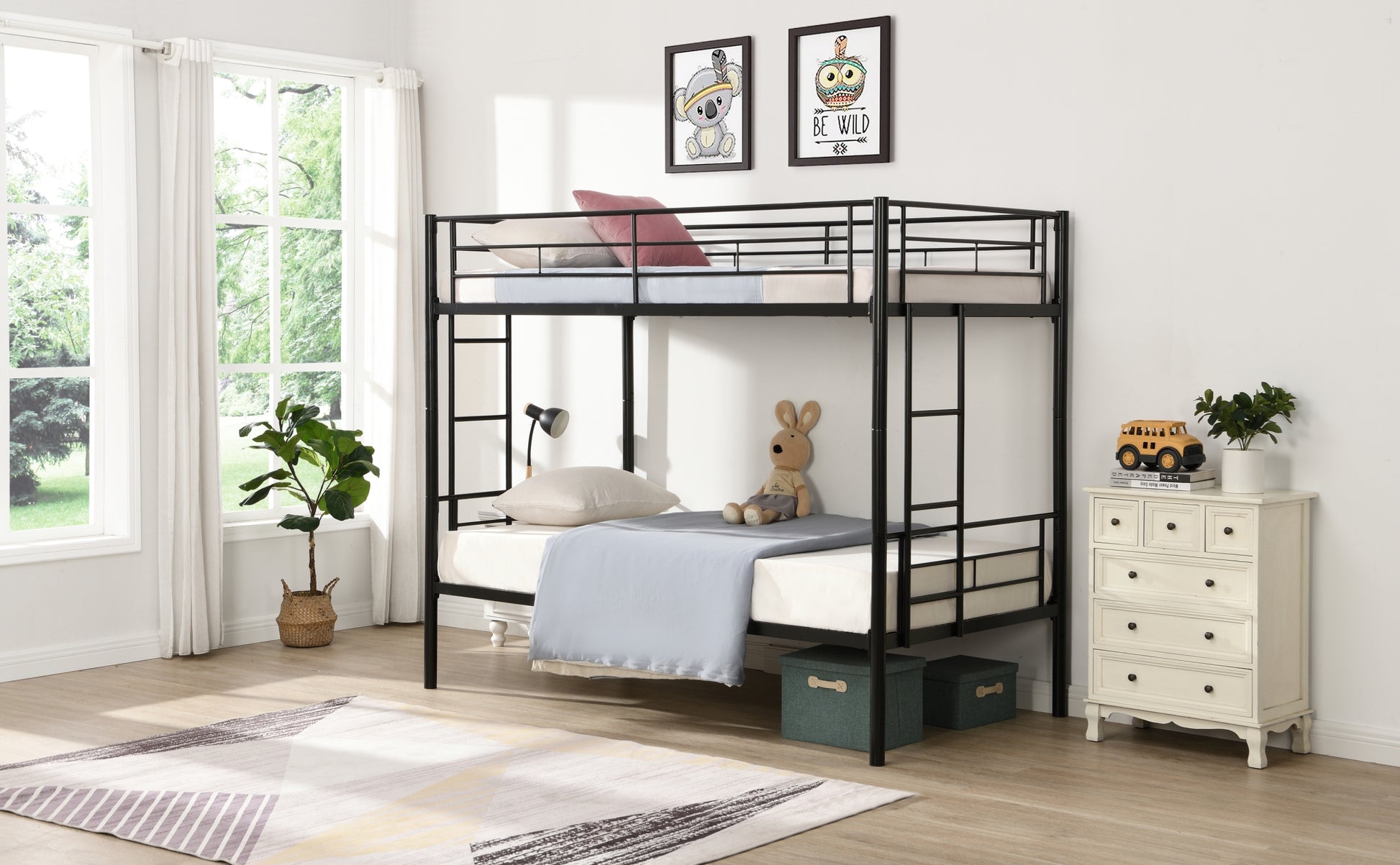 Bunk Bed Twin Over Twin Size With 2 Ladders And Full Length Guardrail, Metal, Storage Space, No Box Spring Needed, Noise Free, Black Box Spring Not Required Twin Black Metal Bedroom Industrial Bunk Metal