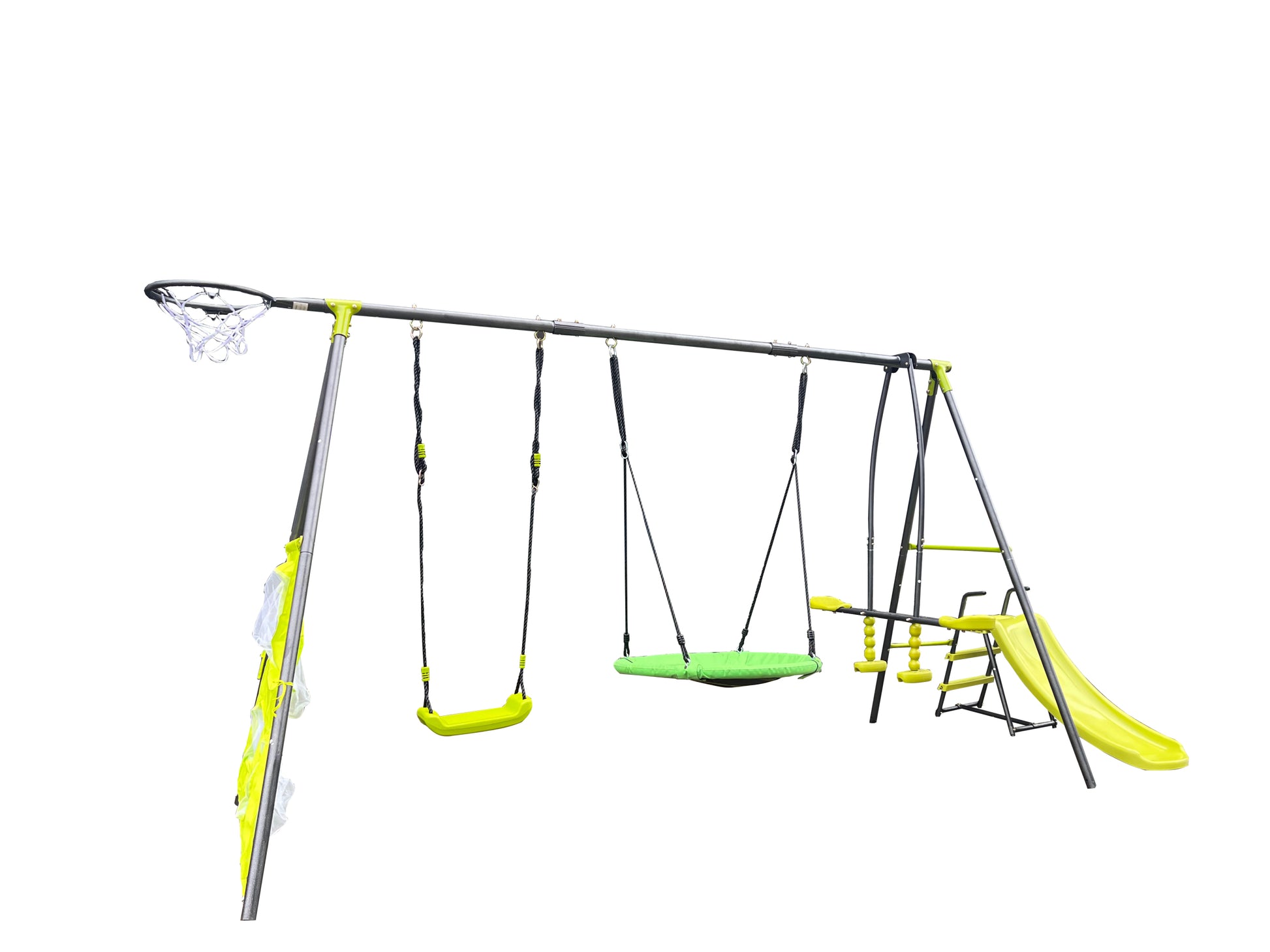 Xns052 Green And Blue Interesting Six Function Swingset With Net Swing Metal Plastic Safe Swing Set 440Lbs For Outdoor Playground For Age 3 With 31.5In Net Swing Green Steel