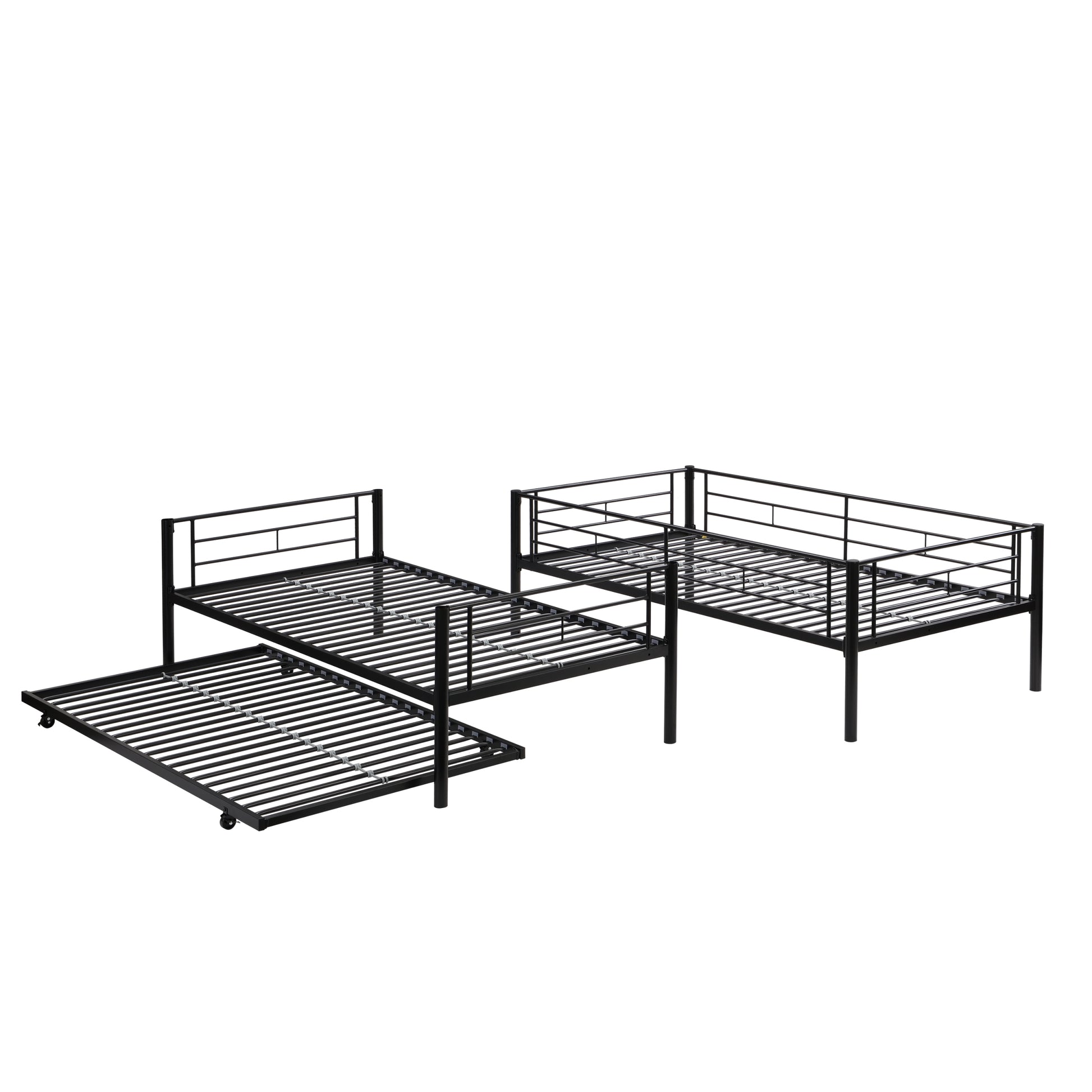 Over Twin Bunk Bed Frame With Trundle,Metal Bunkbed With Sturdy Guard Rail And 2 Sideladders For Kids Adults,Can Be Divided Into Two Beds, No Box Spring Needed, Noise Free For Dorm,Black Box Spring Not Required Twin Black Metal Bedroom Industrial Bunk