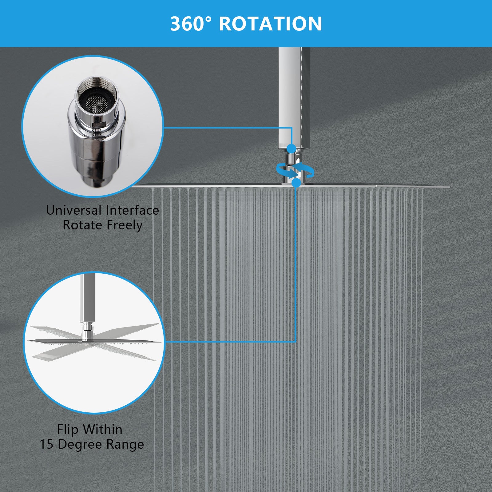 Rain Fixed Shower Head 12 Inch Square, Chrome Chrome Stainless Steel