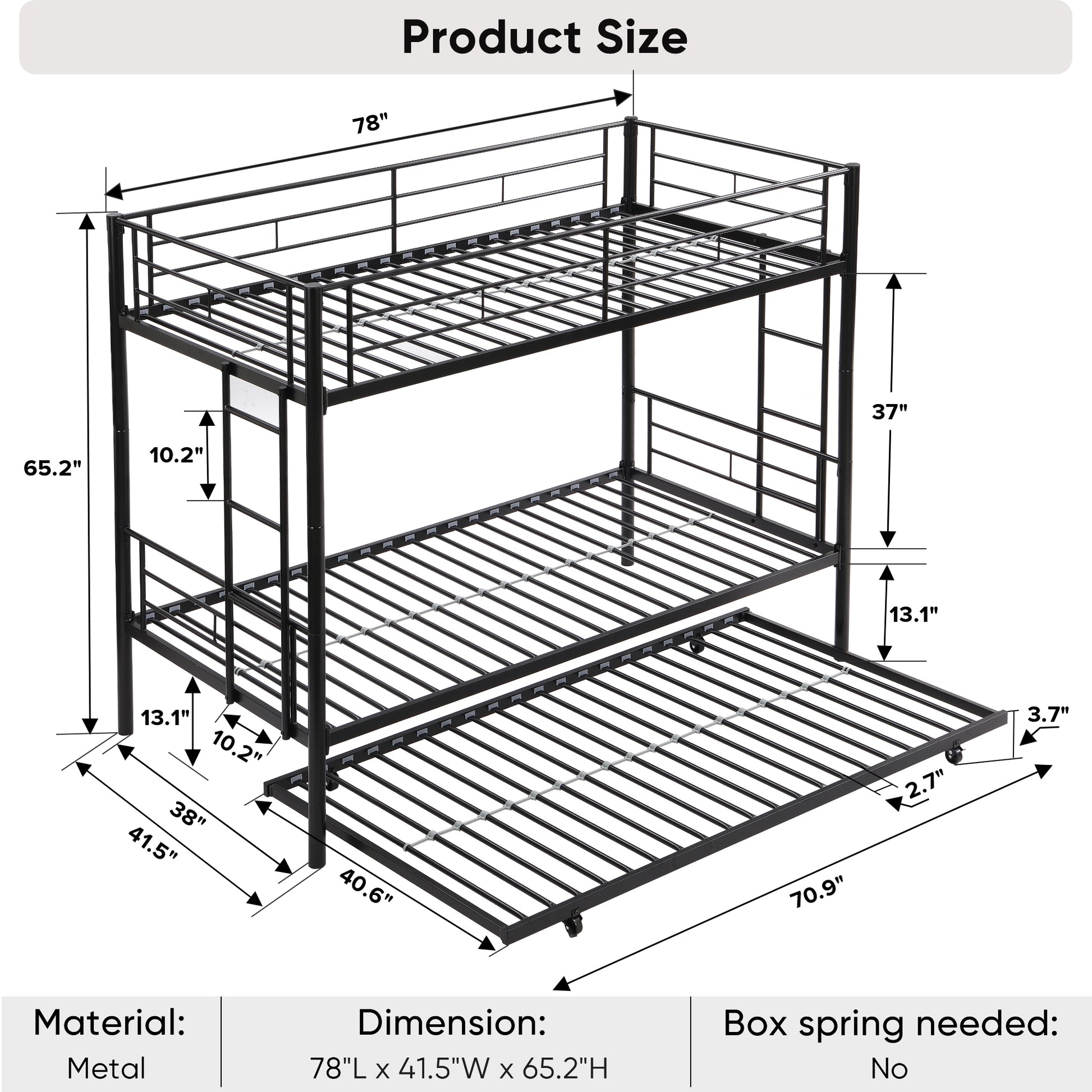 Over Twin Bunk Bed Frame With Trundle,Metal Bunkbed With Sturdy Guard Rail And 2 Sideladders For Kids Adults,Can Be Divided Into Two Beds, No Box Spring Needed, Noise Free For Dorm,Black Box Spring Not Required Twin Black Metal Bedroom Industrial Bunk