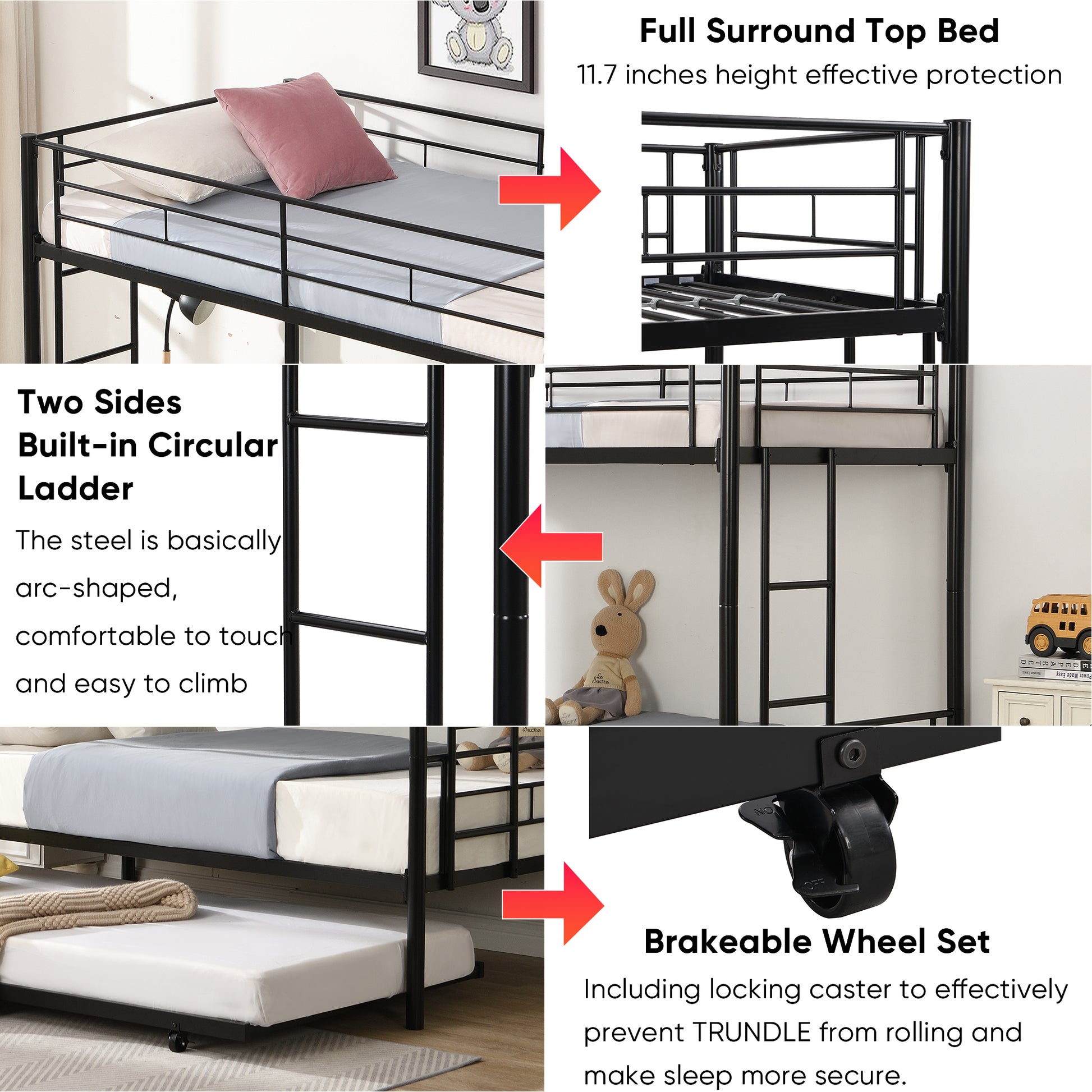 Over Twin Bunk Bed Frame With Trundle,Metal Bunkbed With Sturdy Guard Rail And 2 Sideladders For Kids Adults,Can Be Divided Into Two Beds, No Box Spring Needed, Noise Free For Dorm,Black Box Spring Not Required Twin Black Metal Bedroom Industrial Bunk