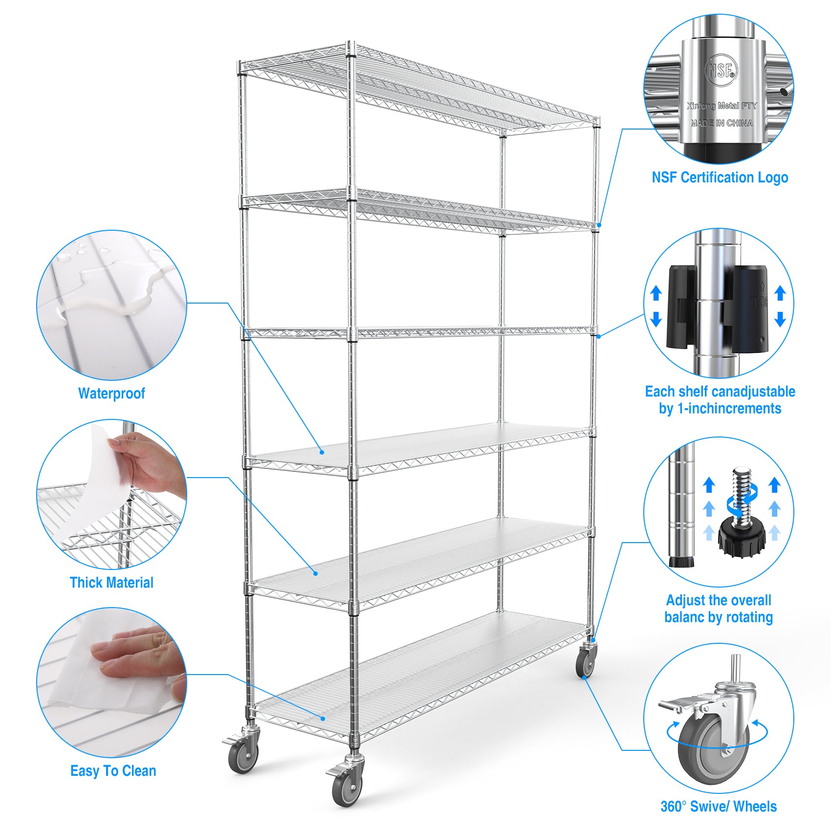 6 Tier Wire Shelving Unit, 6000 Lbs Nsf Height Adjustable Metal Garage Storage Shelves With Wheels, Heavy Duty Storage Wire Rack Metal Shelves Chrome 186082 Chrome Iron Plastic