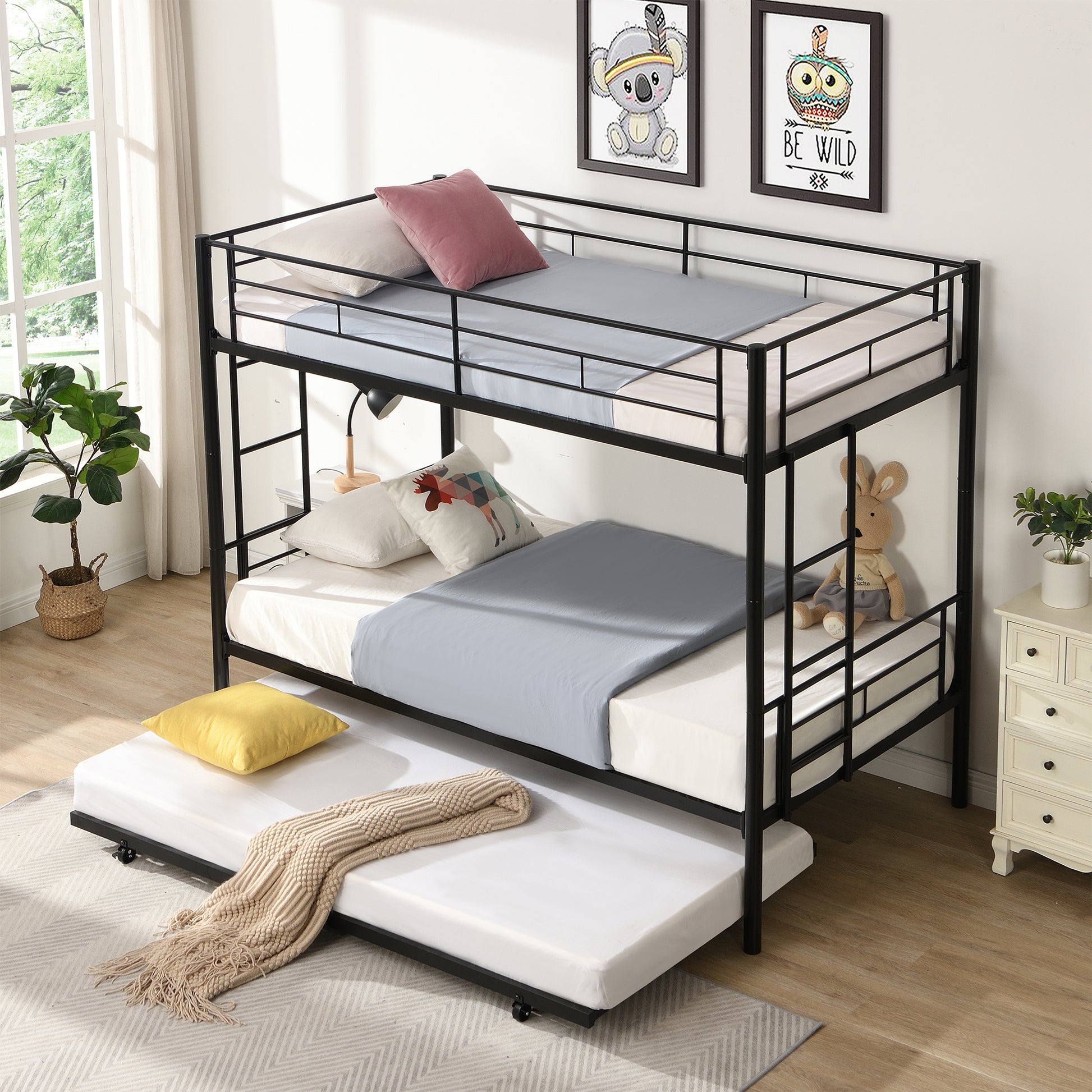 Over Twin Bunk Bed Frame With Trundle,Metal Bunkbed With Sturdy Guard Rail And 2 Sideladders For Kids Adults,Can Be Divided Into Two Beds, No Box Spring Needed, Noise Free For Dorm,Black Box Spring Not Required Twin Black Metal Bedroom Industrial Bunk