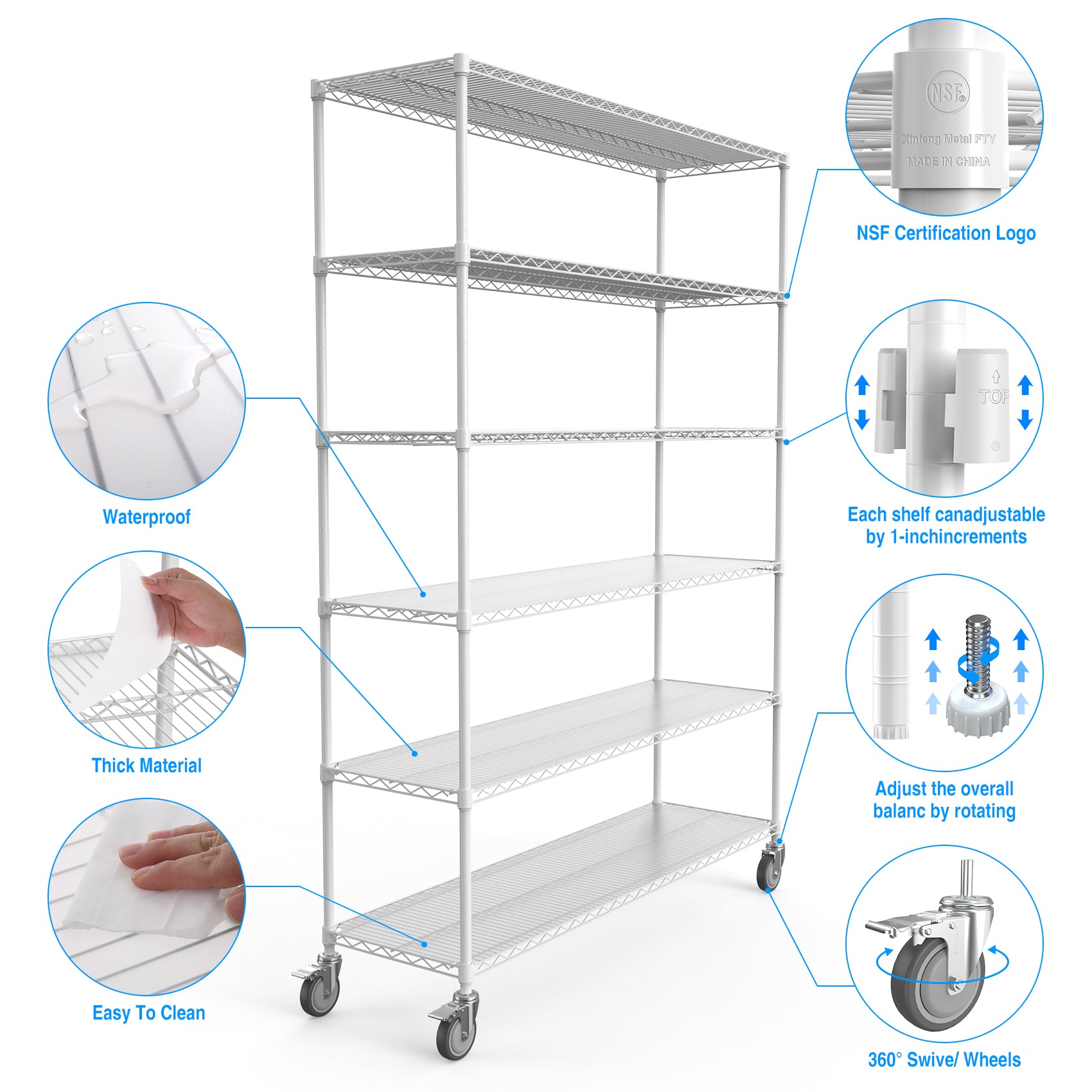 6 Tier Wire Shelving Unit, 6000 Lbs Nsf Height Adjustable Metal Garage Storage Shelves With Wheels, Heavy Duty Storage Wire Rack Metal Shelves White 186082 White Iron Plastic