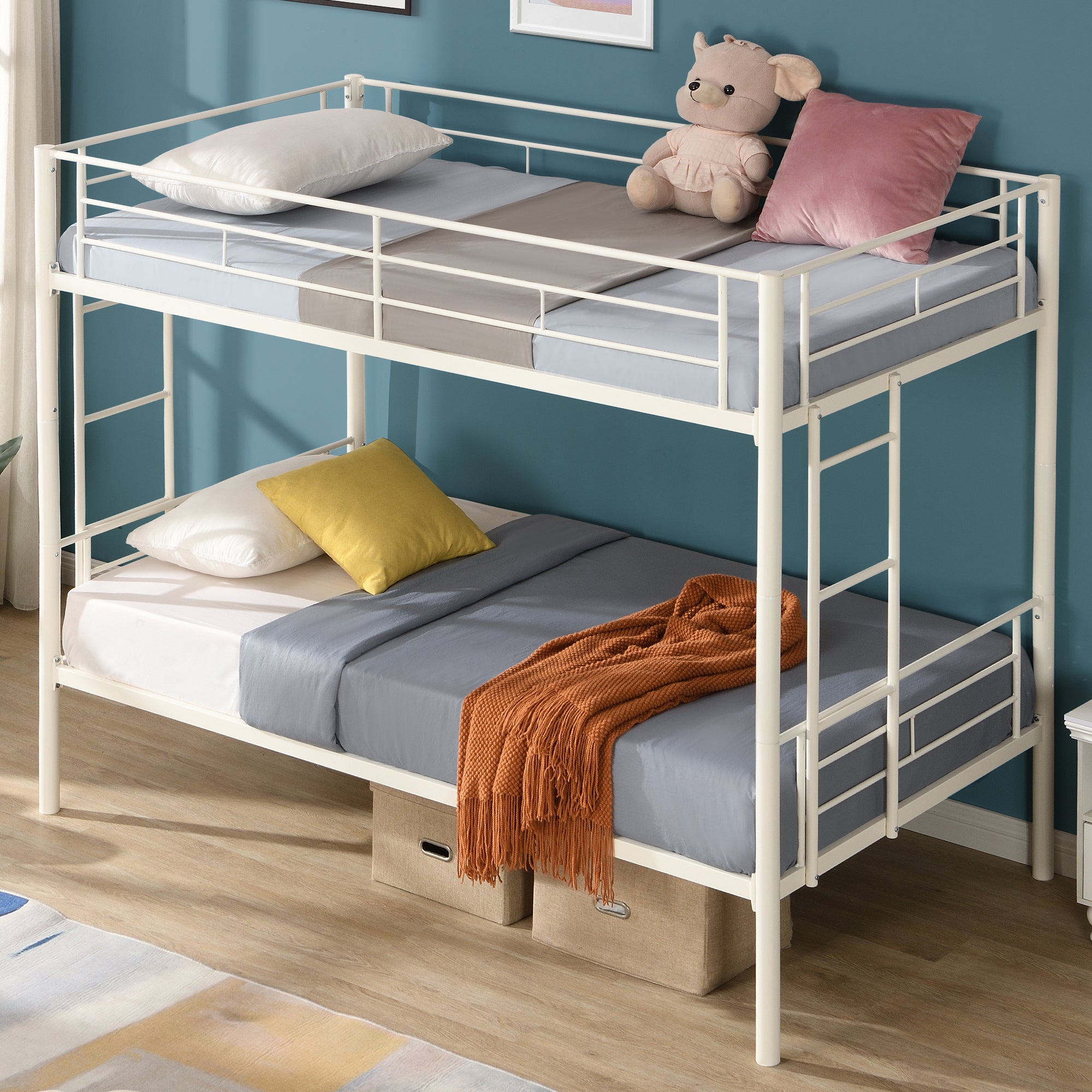 Twin Over Twin Metal Bunk Bed,Metal Structure Bedframe With Safety Guardrails And 2 Ladders,Convertible Bunkbeds,No Spring Box Required And Space Saving Design,White Box Spring Not Required Twin White Metal Bedroom Industrial Bed Frame Metal