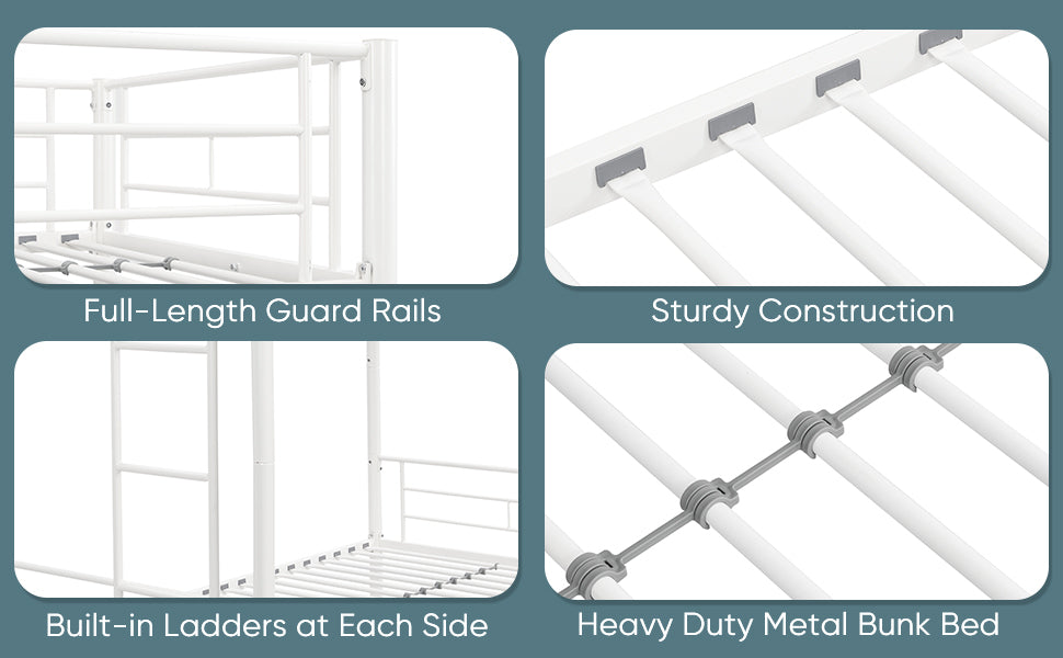 Twin Over Twin Metal Bunk Bed,Metal Structure Bedframe With Safety Guardrails And 2 Ladders,Convertible Bunkbeds,No Spring Box Required And Space Saving Design,White Box Spring Not Required Twin White Metal Bedroom Industrial Bed Frame Metal