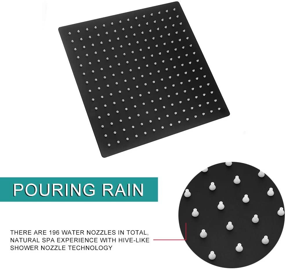 12" Square Rainfall Shower Head Black Top Sprayer Shower Head Wall Ceiling Mounted Matte Black Stainless Steel