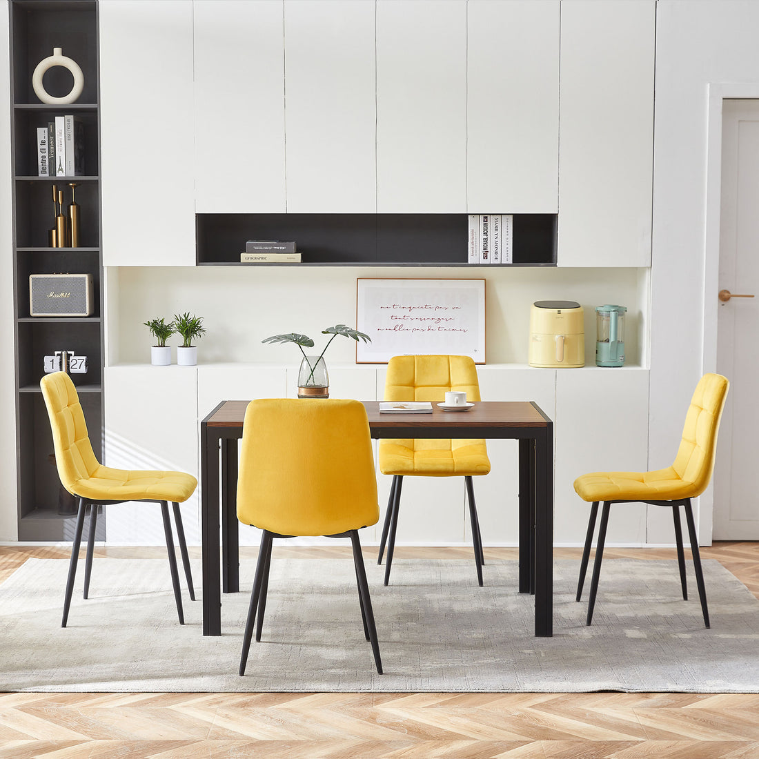 Yellow Velvet Dining Chairs,Modern Kitchen Dining Room Chairs Set Of 4 Metal Plaid Yellow Dining Room Powder Coated Foam Dry Clean Modern Dining Chairs Solid Back Foam Velvet