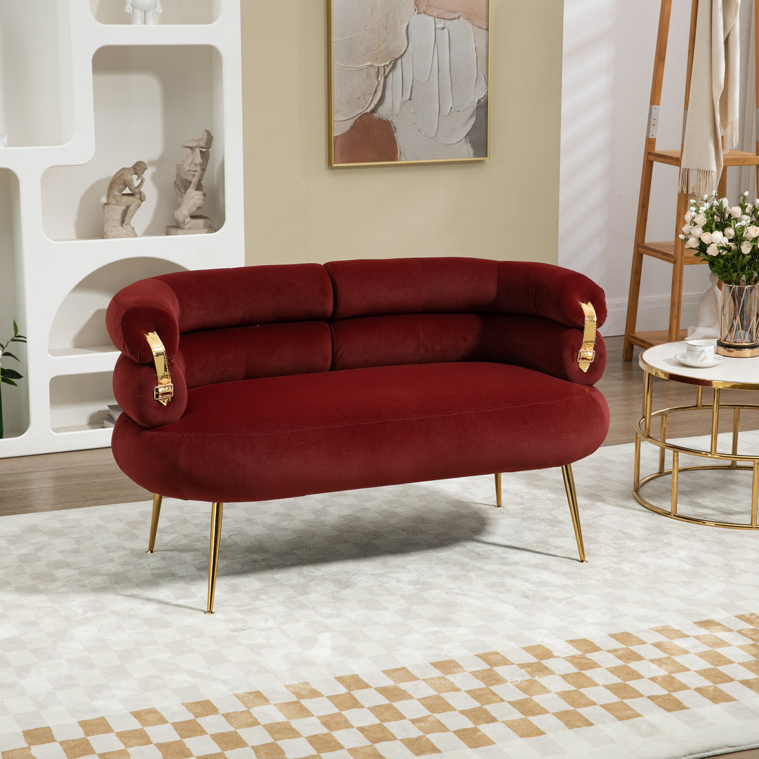 Coolmore Small Loveseat Sofa, Upholstered Mini Couch With Curved Backrest With Stylish Golden Decor, Small Comfy Beautiful Seat Leisure Accent Couch For Living Room, Bedroom, Office Wine Red Wine Red Foam Velvet