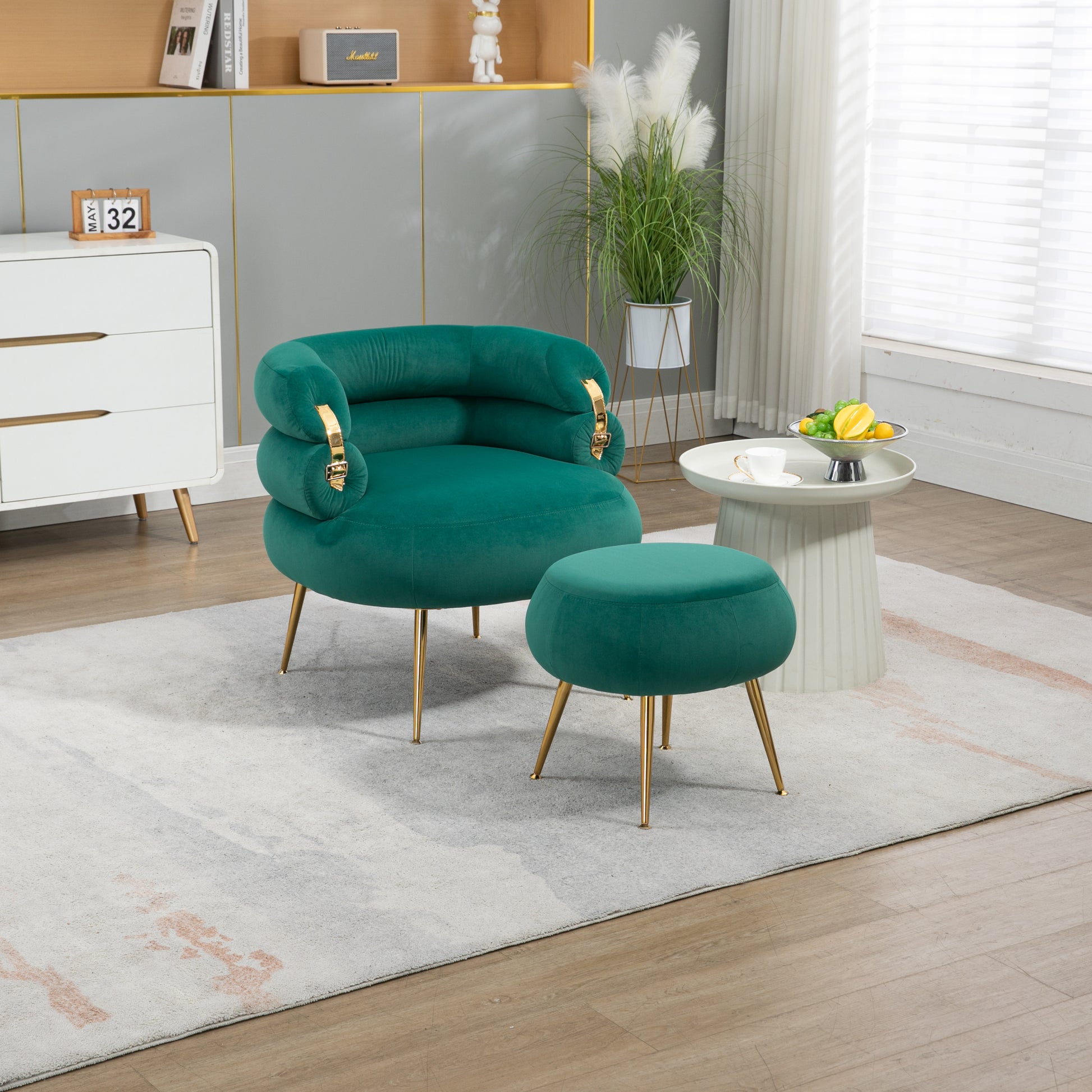 Coolmore Upholstered Velvet Barrel Accent Chair With Ottoman,Accent Comfy Lounge Arm Chair And Folding Footrest Stool Set,Single Sofa Armchair With Lounge Seat For Bedroom,Office Green Green Foam Velvet