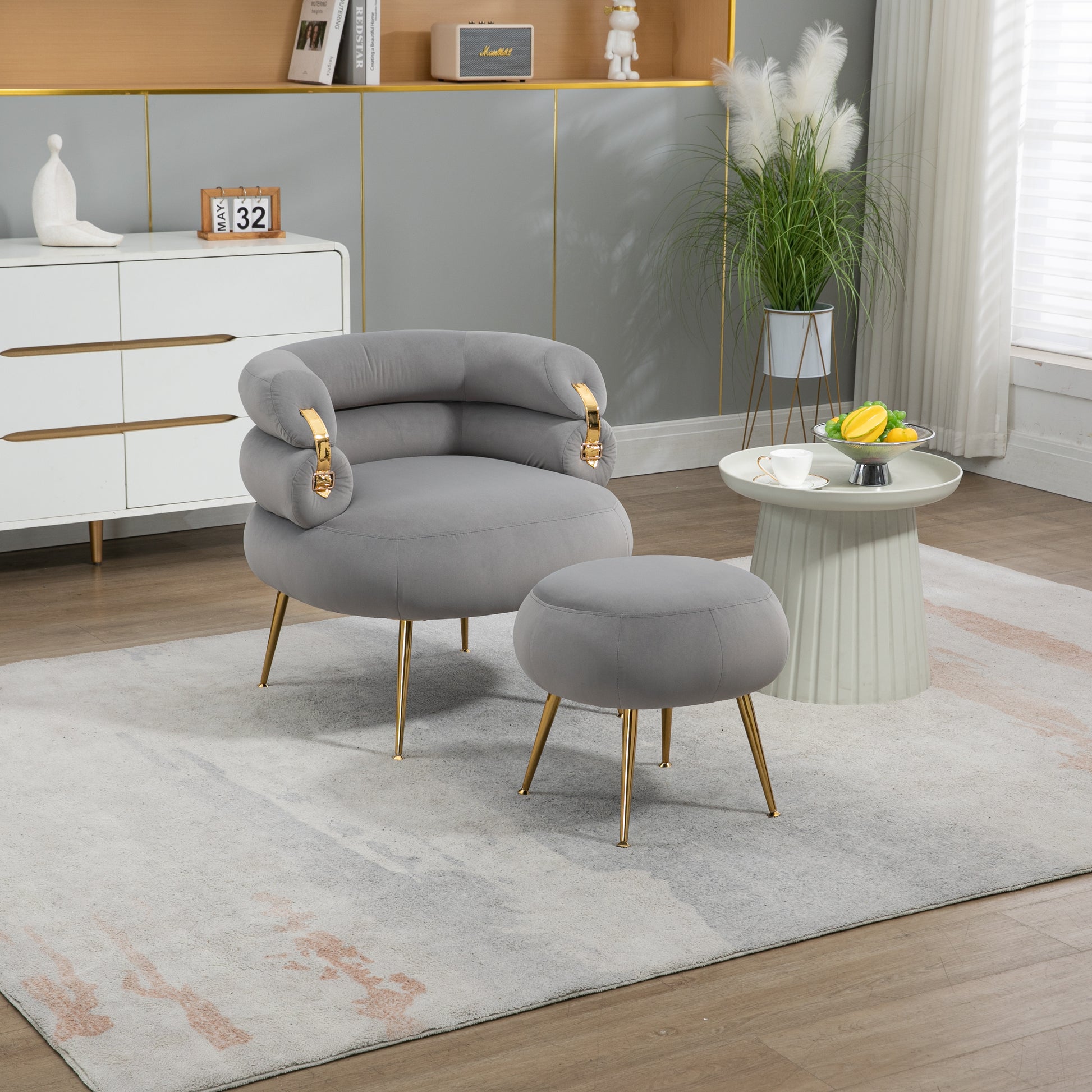 Coolmore Upholstered Velvet Barrel Accent Chair With Ottoman,Accent Comfy Lounge Arm Chair And Folding Footrest Stool Set,Single Sofa Armchair With Lounge Seat For Bedroom,Office Gray Gray Foam Velvet