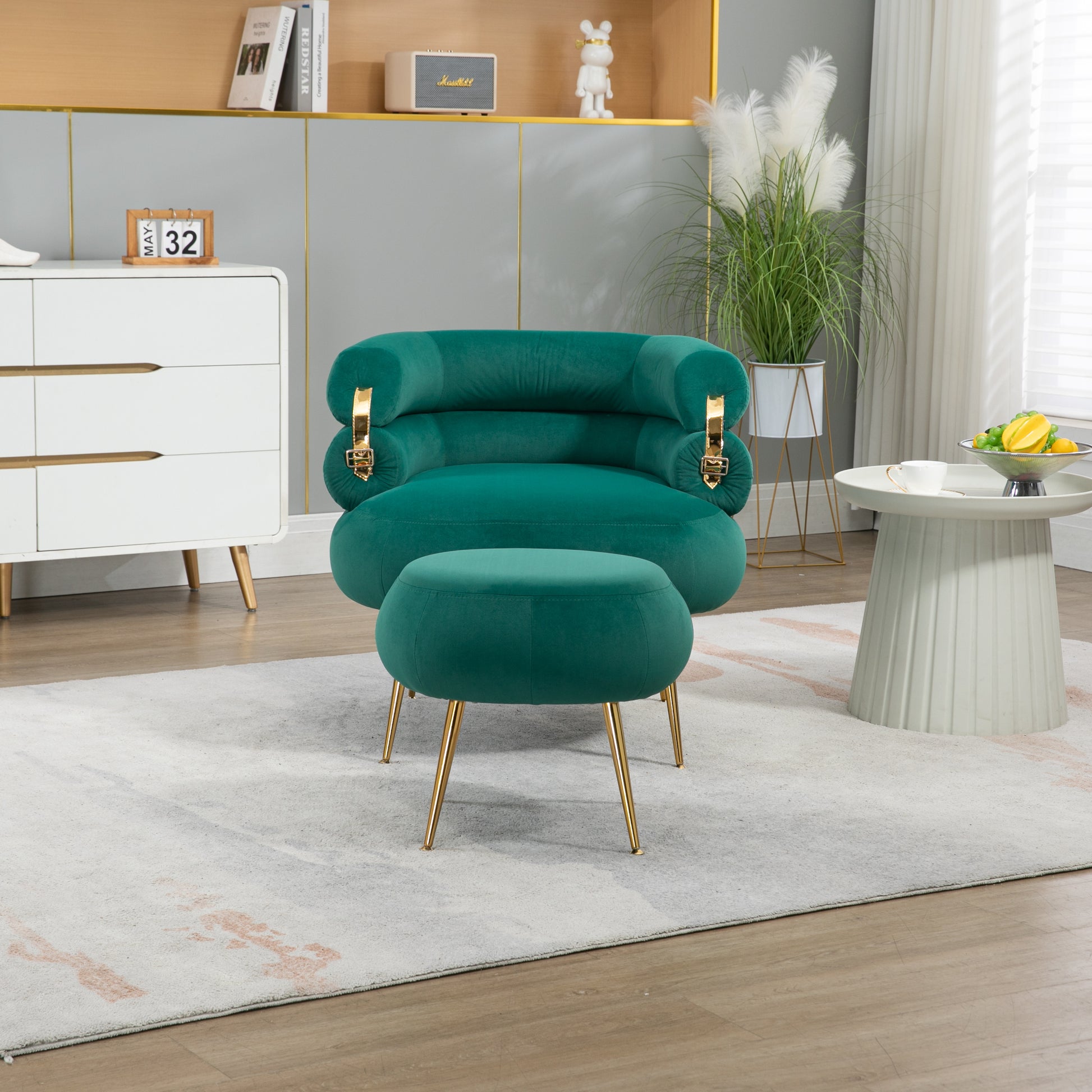 Coolmore Upholstered Velvet Barrel Accent Chair With Ottoman,Accent Comfy Lounge Arm Chair And Folding Footrest Stool Set,Single Sofa Armchair With Lounge Seat For Bedroom,Office Green Green Foam Velvet