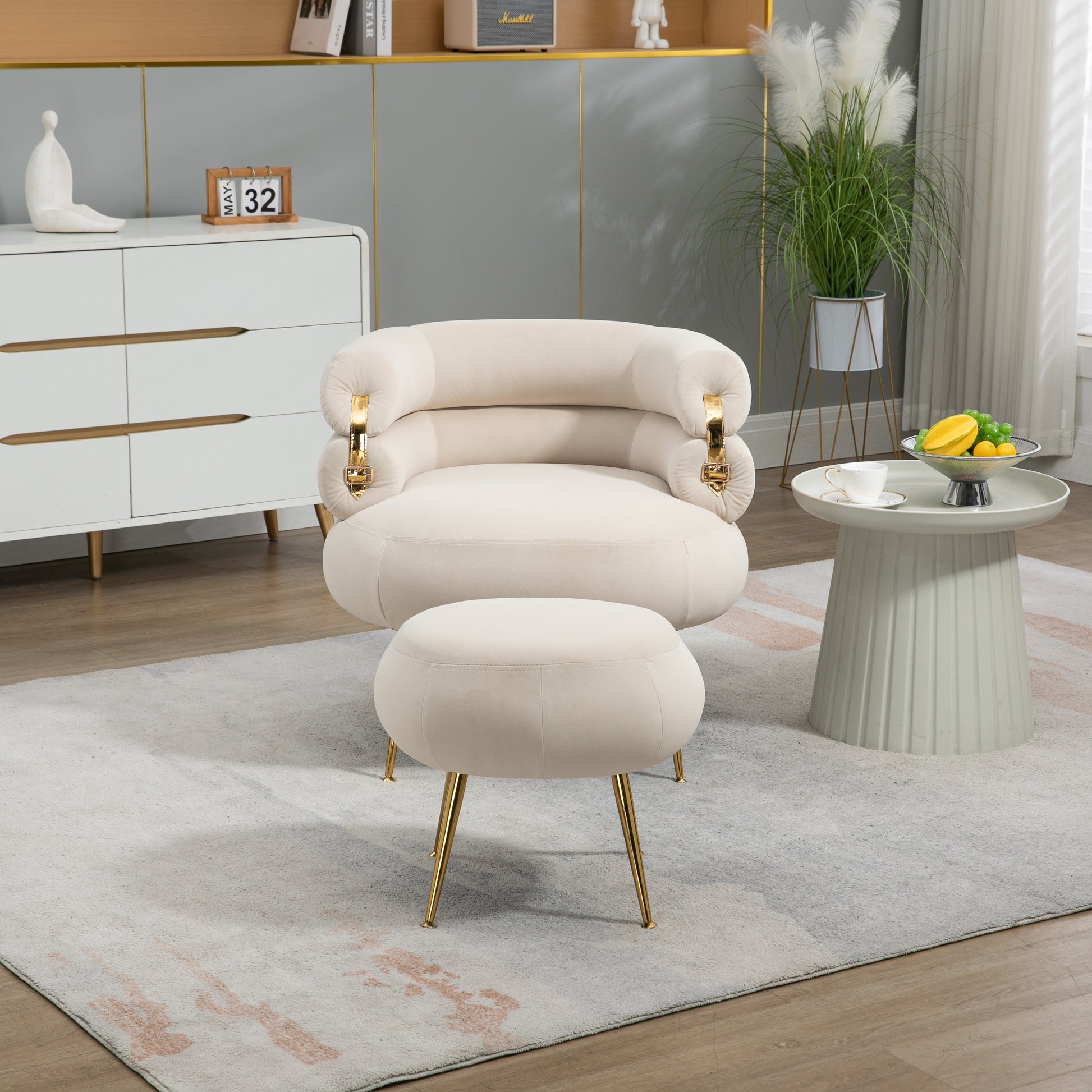 Coolmore Upholstered Velvet Barrel Accent Chair With Ottoman,Accent Comfy Lounge Arm Chair And Footrest Stool Set,Single Sofa Armchair With Lounge Seat For Bedroom,Office Beige Beige Foam Velvet