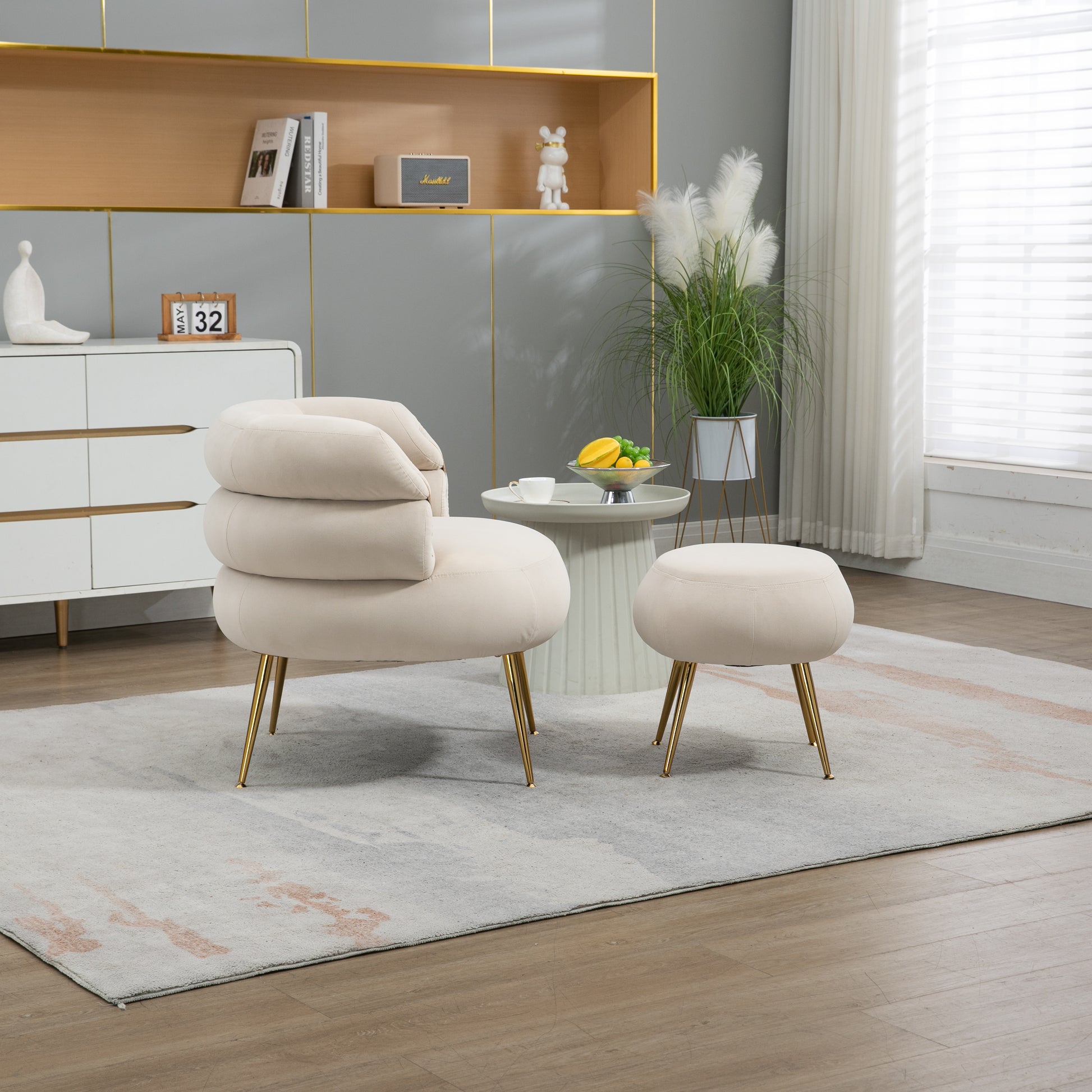 Coolmore Upholstered Velvet Barrel Accent Chair With Ottoman,Accent Comfy Lounge Arm Chair And Footrest Stool Set,Single Sofa Armchair With Lounge Seat For Bedroom,Office Beige Beige Foam Velvet