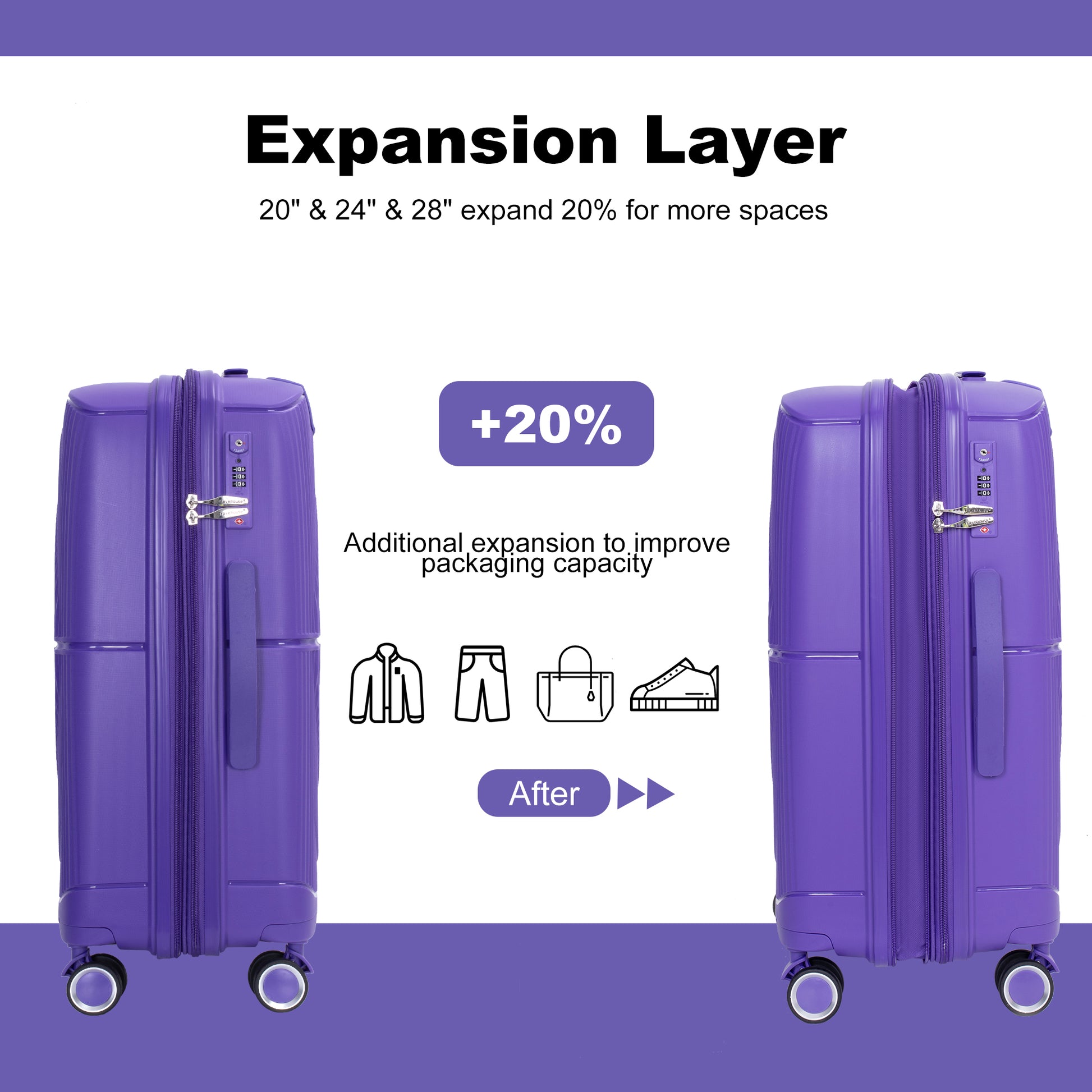 Expandable Hardshell Suitcase Double Spinner Wheels Pp Luggage Sets Lightweight Durable Suitcase With Tsa Lock,3 Piece Set 20 24 28 Purple Purple Polypropylene