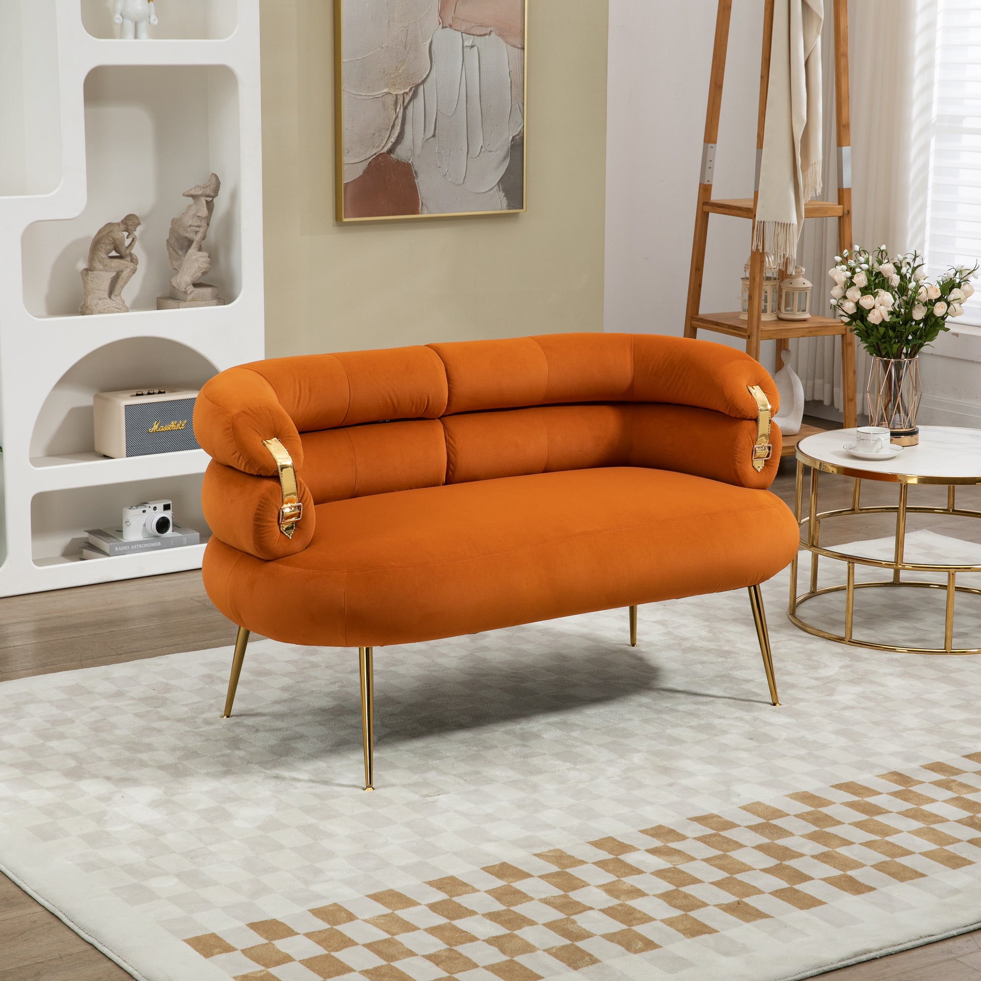 Coolmore Small Loveseat Sofa, Upholstered Mini Couch With Curved Backrest With Stylish Golden Decor, Small Comfy Beautiful Seat Leisure Accent Couch For Living Room, Bedroom, Office Orange Orange Foam Velvet