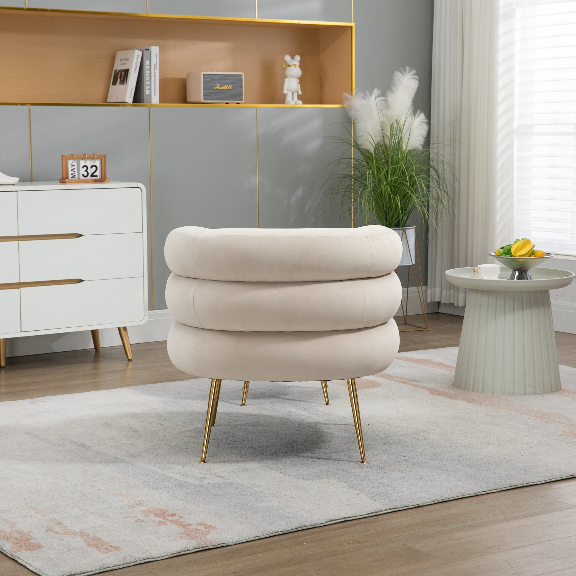 Coolmore Upholstered Velvet Barrel Accent Chair With Ottoman,Accent Comfy Lounge Arm Chair And Footrest Stool Set,Single Sofa Armchair With Lounge Seat For Bedroom,Office Beige Beige Foam Velvet