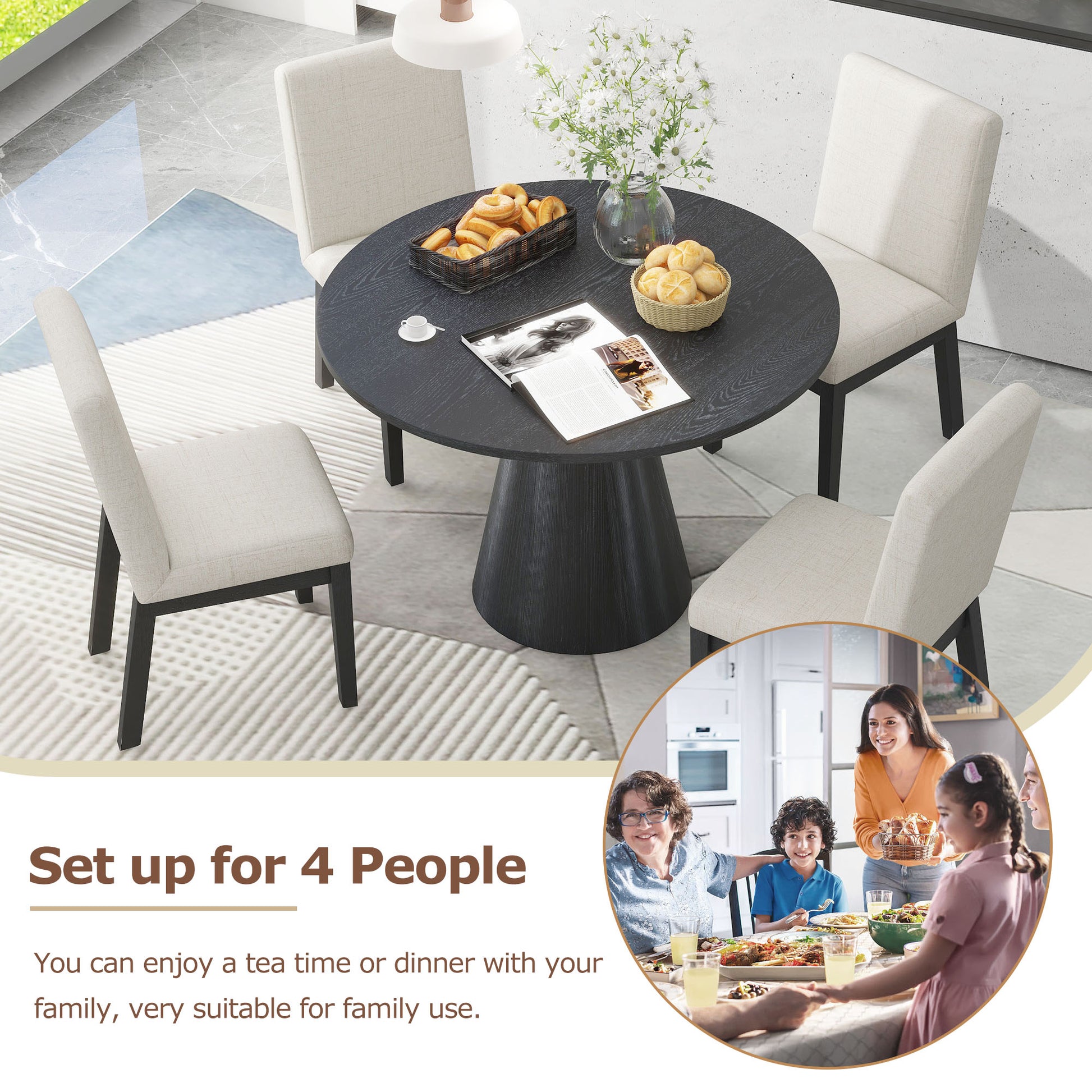 5 Piece Dining Set Retro Round Table With 4 Upholstered Chairs For Living Room, Dining Room Black Black Rubber Wood