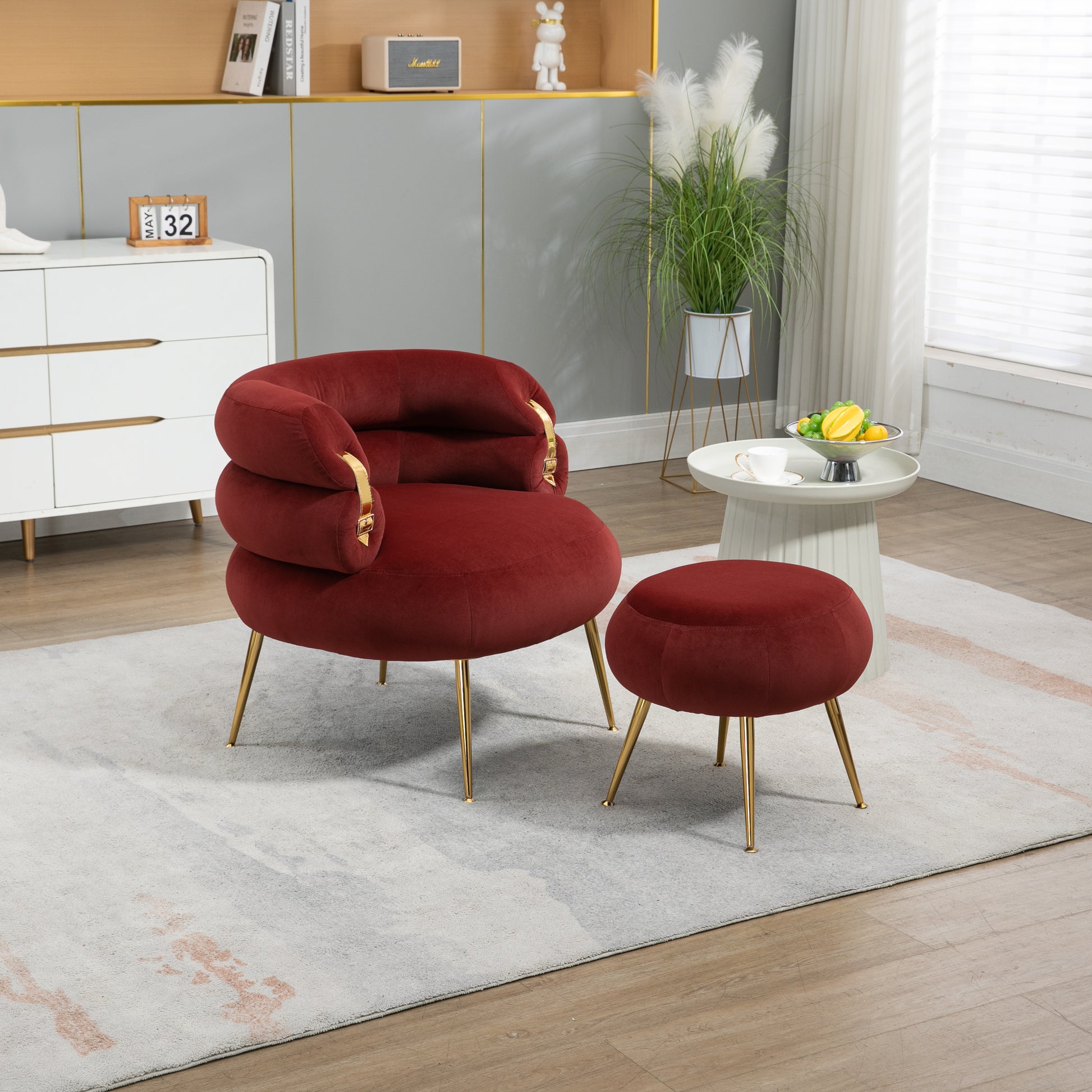 Coolmore Upholstered Velvet Barrel Accent Chair With Ottoman,Accent Comfy Lounge Arm Chair And Footrest Stool Set,Single Sofa Armchair With Lounge Seat For Bedroom,Office Wine Red Wine Red Foam Velvet