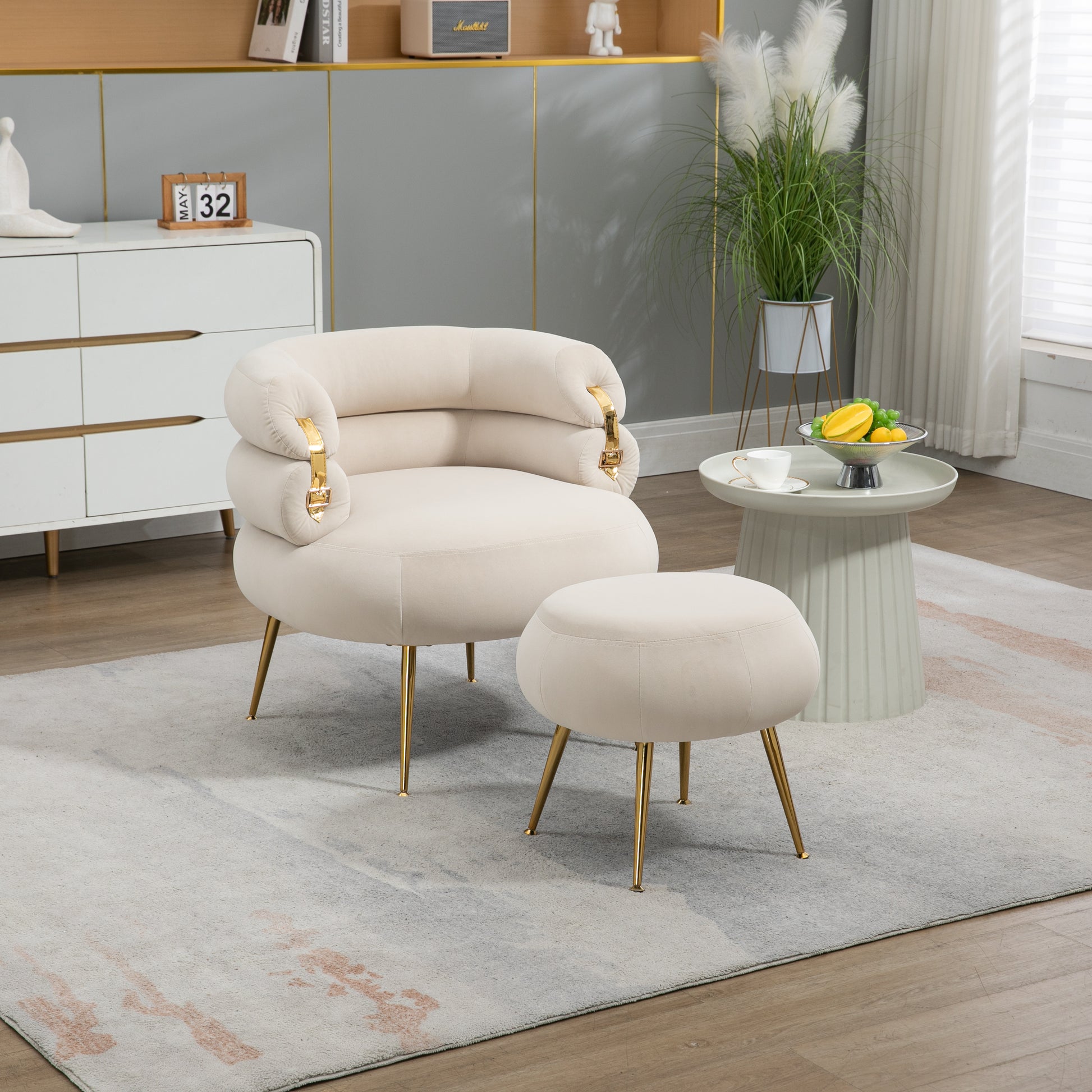 Coolmore Upholstered Velvet Barrel Accent Chair With Ottoman,Accent Comfy Lounge Arm Chair And Footrest Stool Set,Single Sofa Armchair With Lounge Seat For Bedroom,Office Beige Beige Foam Velvet
