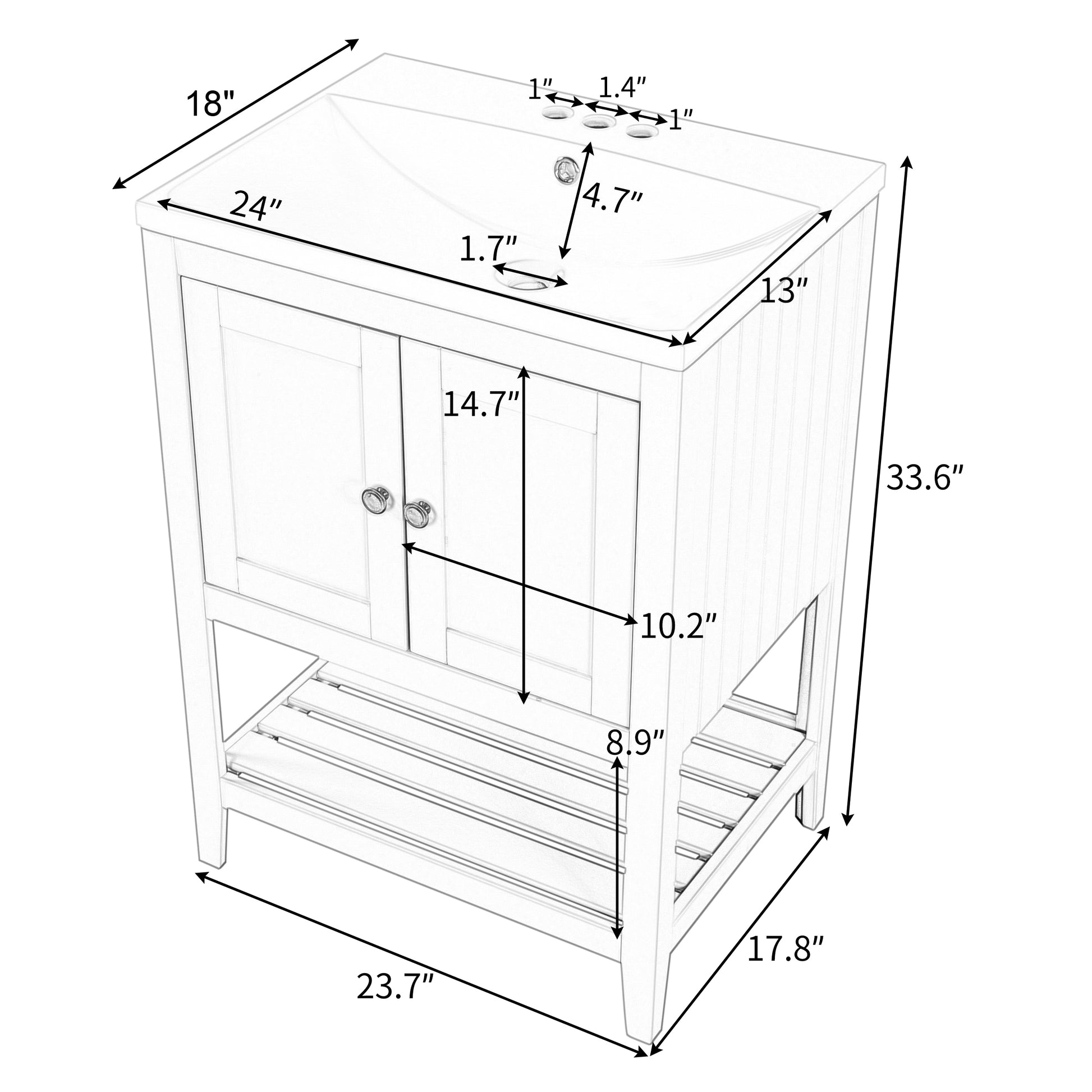 Video 24" Grey Modern Sleek Bathroom Vanity Elegant Ceramic Sink With Solid Wood Frame Open Style Shelf Old Sku: Jl000004Aae Grey Solid Wood