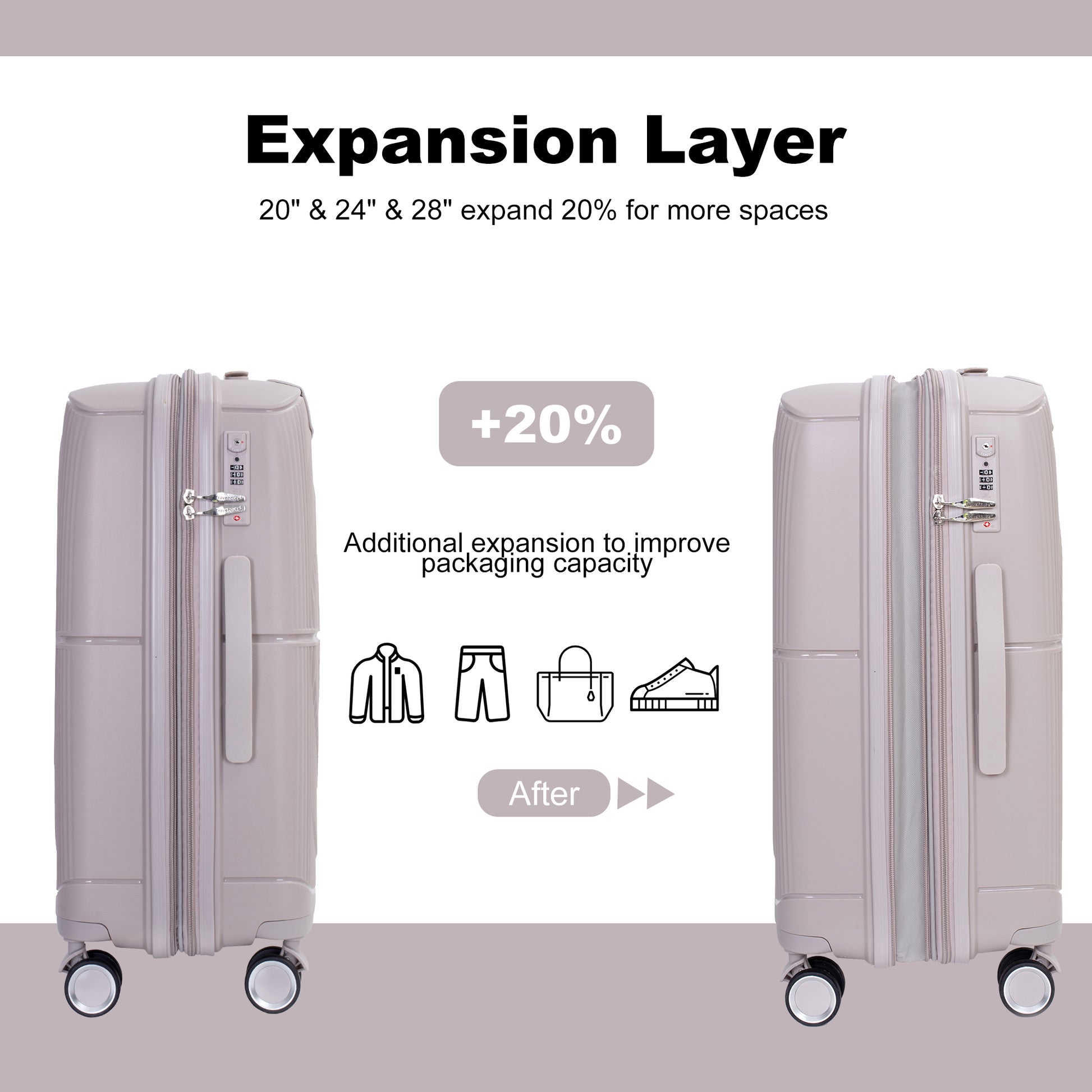 Expandable Hardshell Suitcase Double Spinner Wheels Pp Luggage Sets Lightweight Durable Suitcase With Tsa Lock,3 Piece Set 20 24 28 Griege Greige Polypropylene