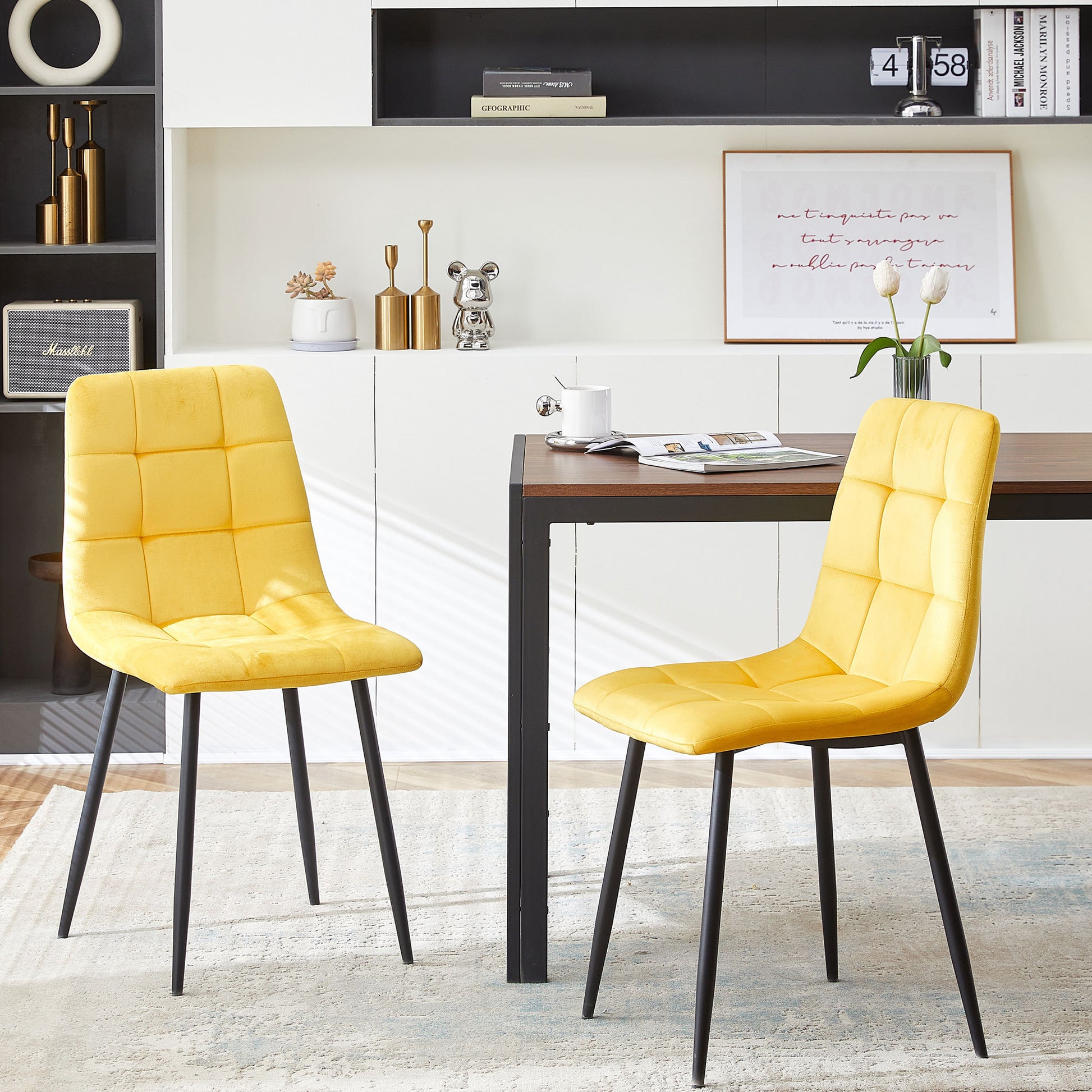 Yellow Velvet Dining Chairs,Modern Kitchen Dining Room Chairs Set Of 4 Metal Plaid Yellow Dining Room Powder Coated Foam Dry Clean Modern Dining Chairs Solid Back Foam Velvet