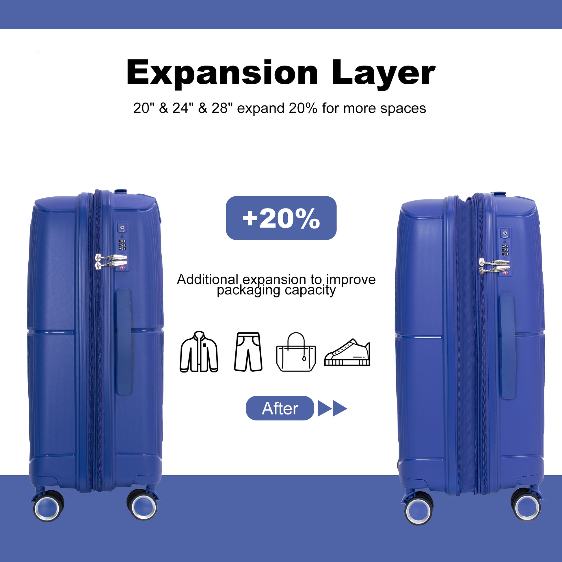 Expandable Hardshell Suitcase Double Spinner Wheels Pp Luggage Sets Lightweight Durable Suitcase With Tsa Lock,3 Piece Set 20 24 28 ,Navy Navy Polypropylene