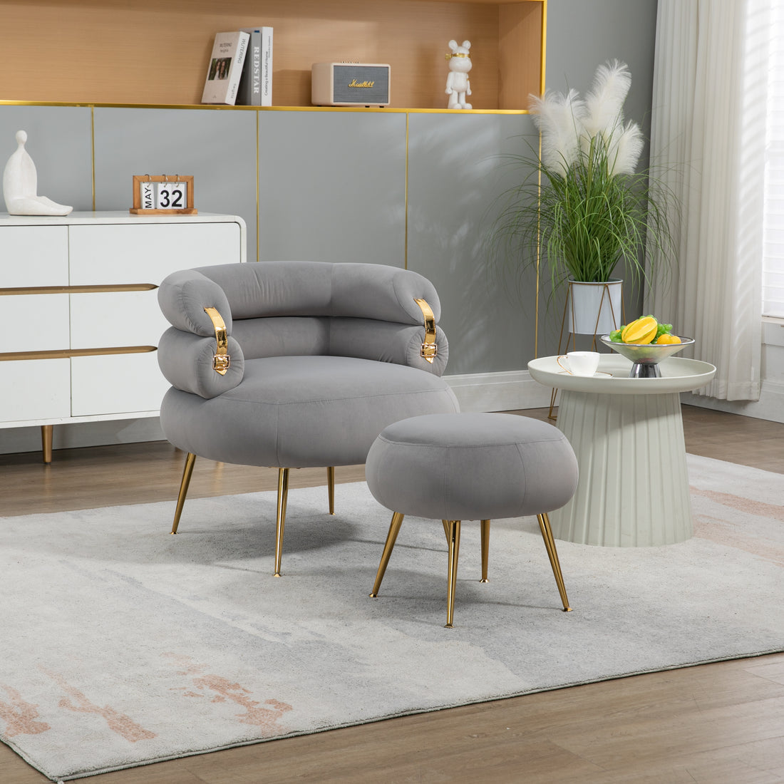 Coolmore Upholstered Velvet Barrel Accent Chair With Ottoman,Accent Comfy Lounge Arm Chair And Folding Footrest Stool Set,Single Sofa Armchair With Lounge Seat For Bedroom,Office Gray Gray Foam Velvet
