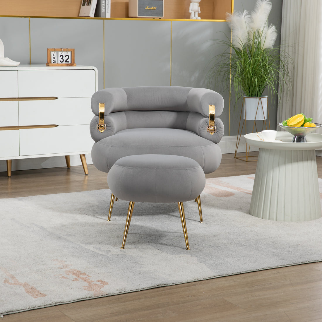 Coolmore Upholstered Velvet Barrel Accent Chair With Ottoman,Accent Comfy Lounge Arm Chair And Folding Footrest Stool Set,Single Sofa Armchair With Lounge Seat For Bedroom,Office Gray Gray Foam Velvet