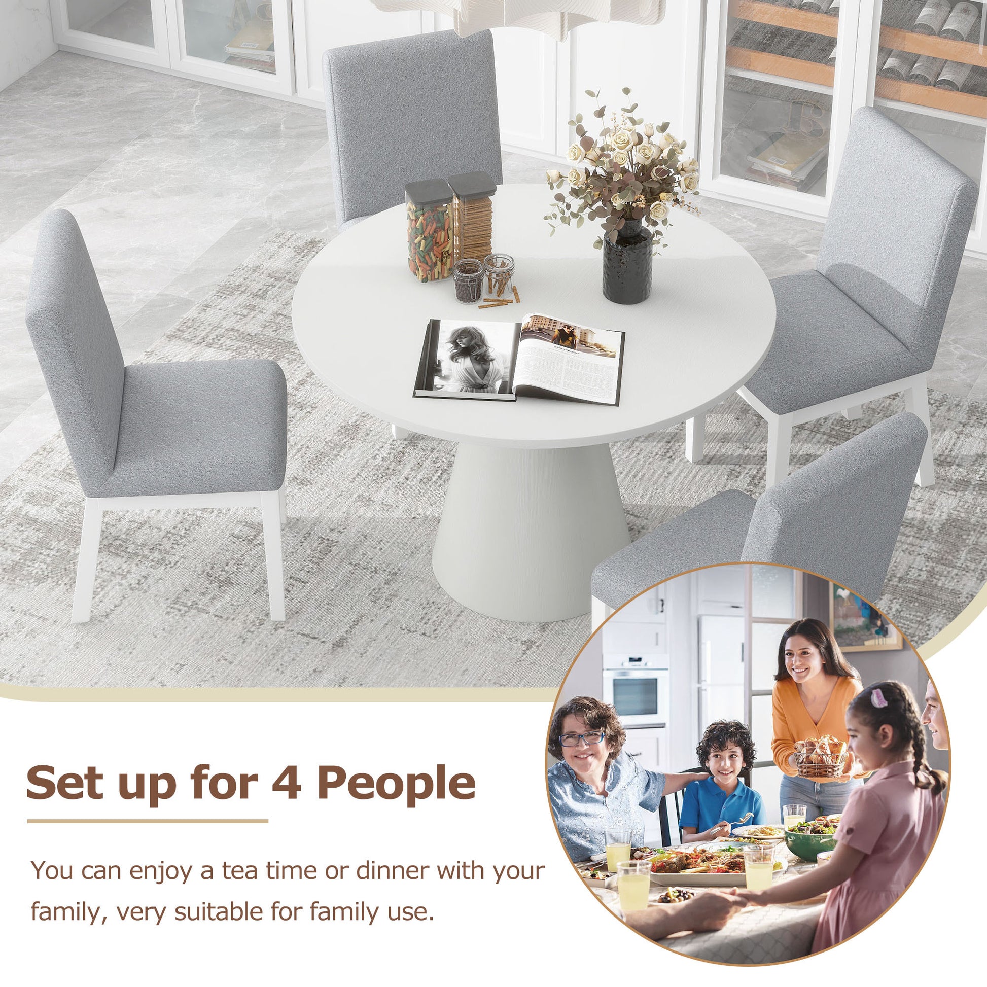 5 Piece Dining Set Retro Round Table With 4 Upholstered Chairs For Living Room, Dining Room Creamy White Cream White Rubber Wood