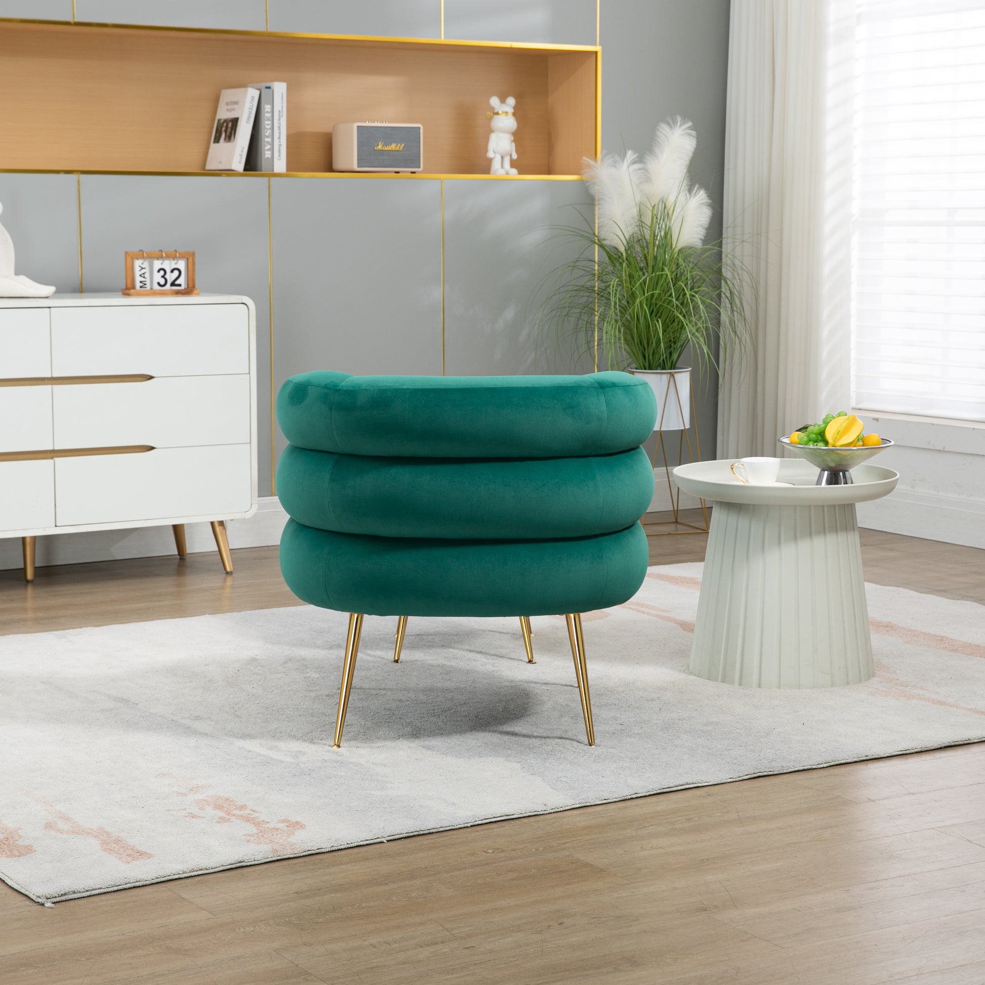 Coolmore Upholstered Velvet Barrel Accent Chair With Ottoman,Accent Comfy Lounge Arm Chair And Folding Footrest Stool Set,Single Sofa Armchair With Lounge Seat For Bedroom,Office Green Green Foam Velvet