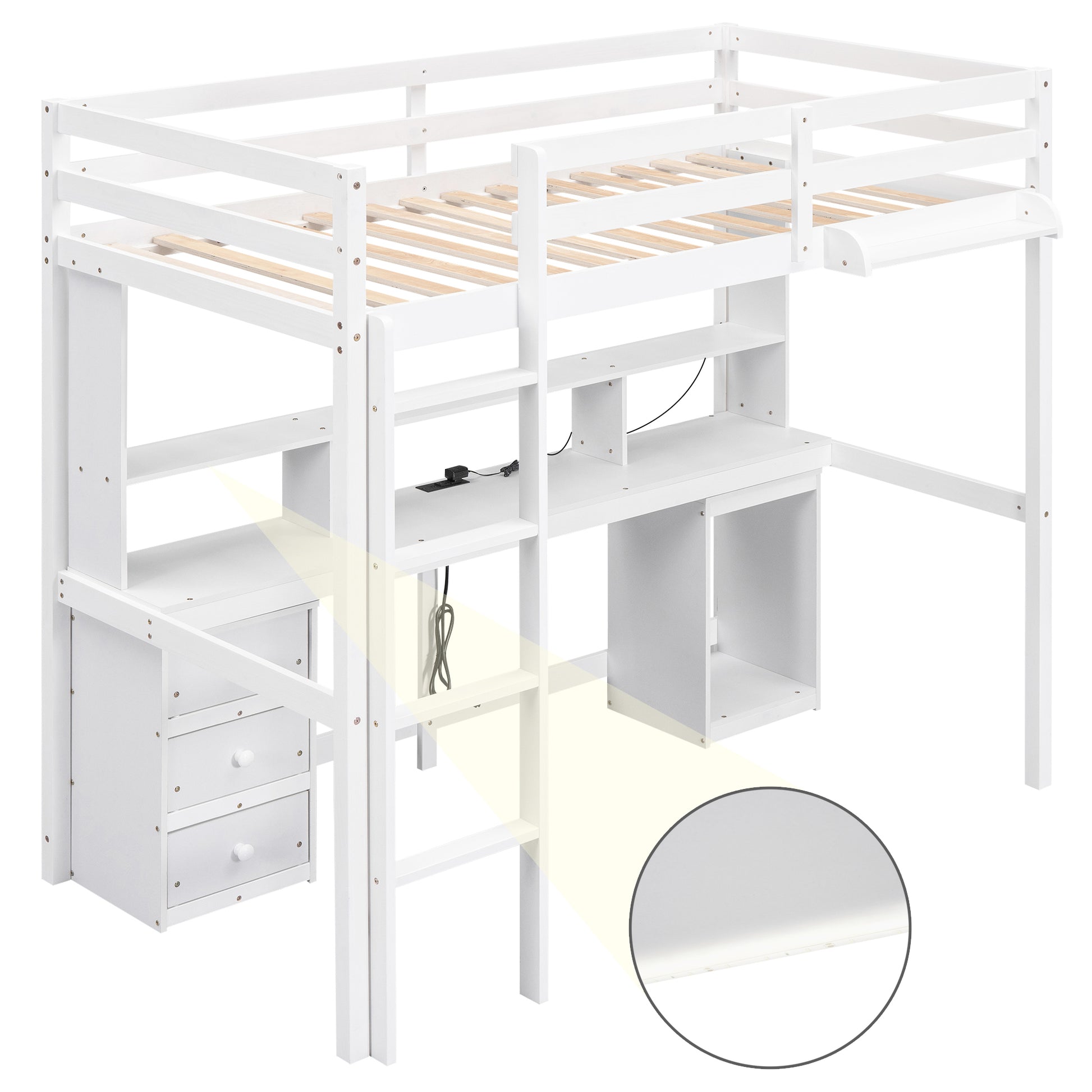 Full Size Loft Bed With Multi Storage Desk, Led Light And Bedside Tray, Charging Station, White Box Spring Not Required Twin White Wood Bedroom Solid Wood Mdf