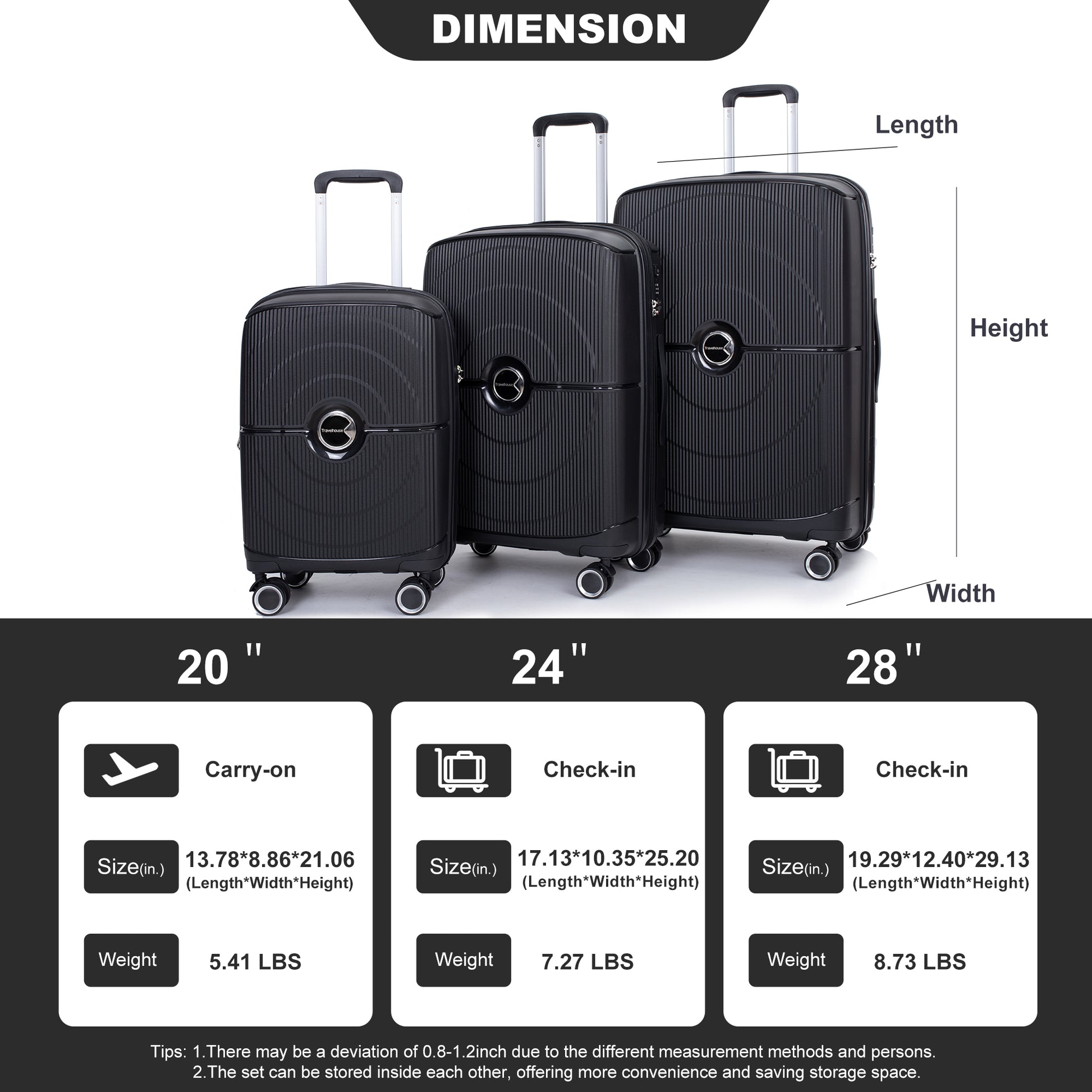 Expandable Hardshell Suitcase Double Spinner Wheels Pp Luggage Sets Lightweight Durable Suitcase With Tsa Lock,3 Piece Set 20 24 28 ,Black Black Polypropylene