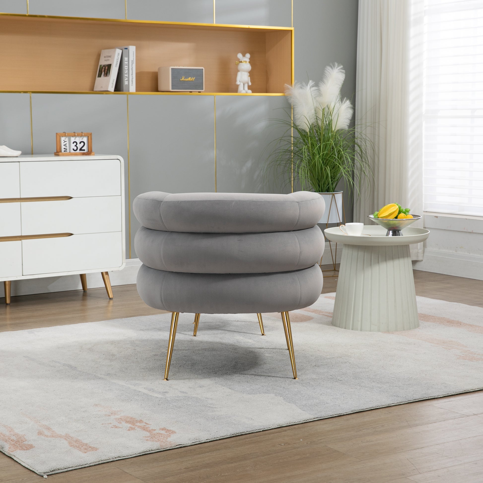 Coolmore Upholstered Velvet Barrel Accent Chair With Ottoman,Accent Comfy Lounge Arm Chair And Folding Footrest Stool Set,Single Sofa Armchair With Lounge Seat For Bedroom,Office Gray Gray Foam Velvet