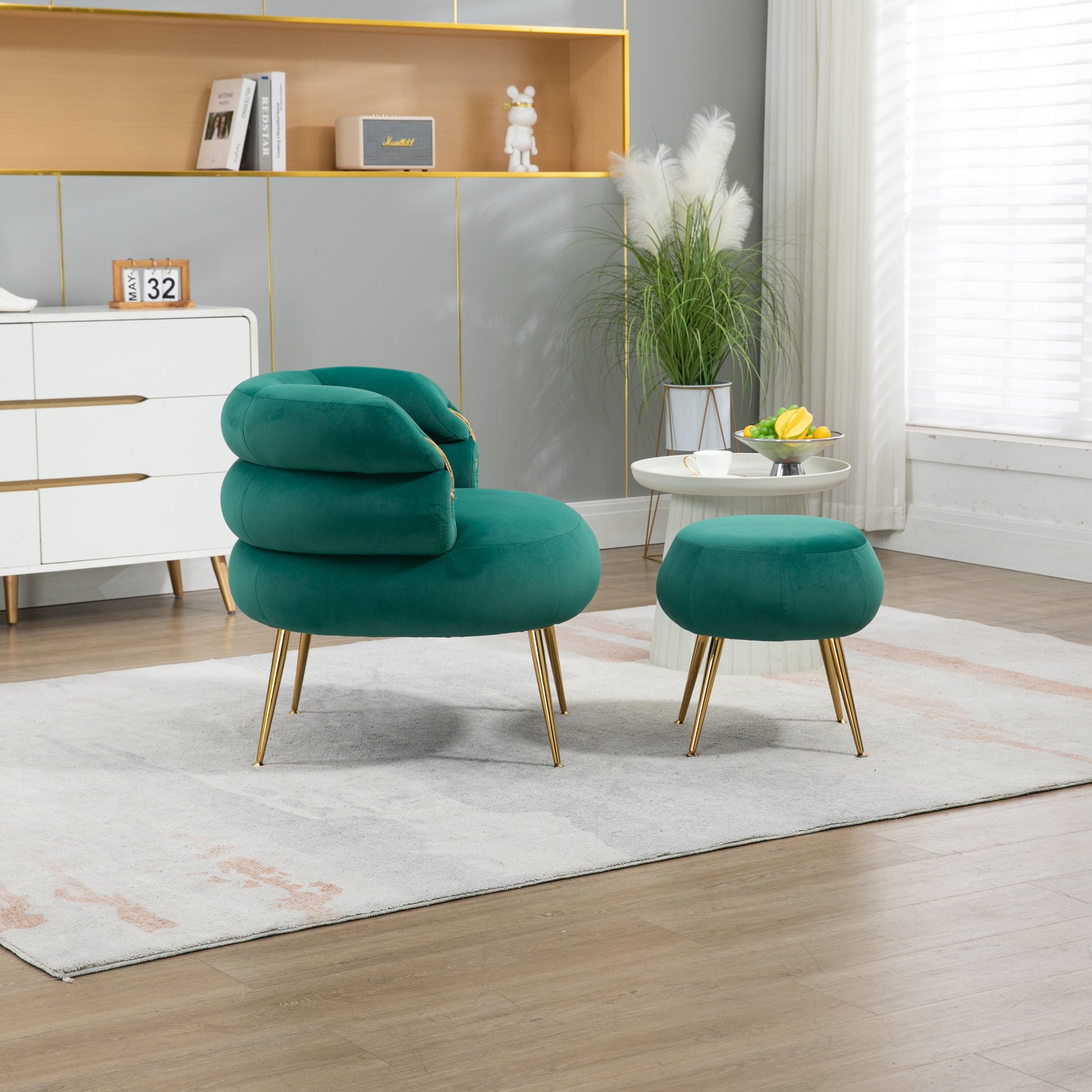 Coolmore Upholstered Velvet Barrel Accent Chair With Ottoman,Accent Comfy Lounge Arm Chair And Folding Footrest Stool Set,Single Sofa Armchair With Lounge Seat For Bedroom,Office Green Green Foam Velvet