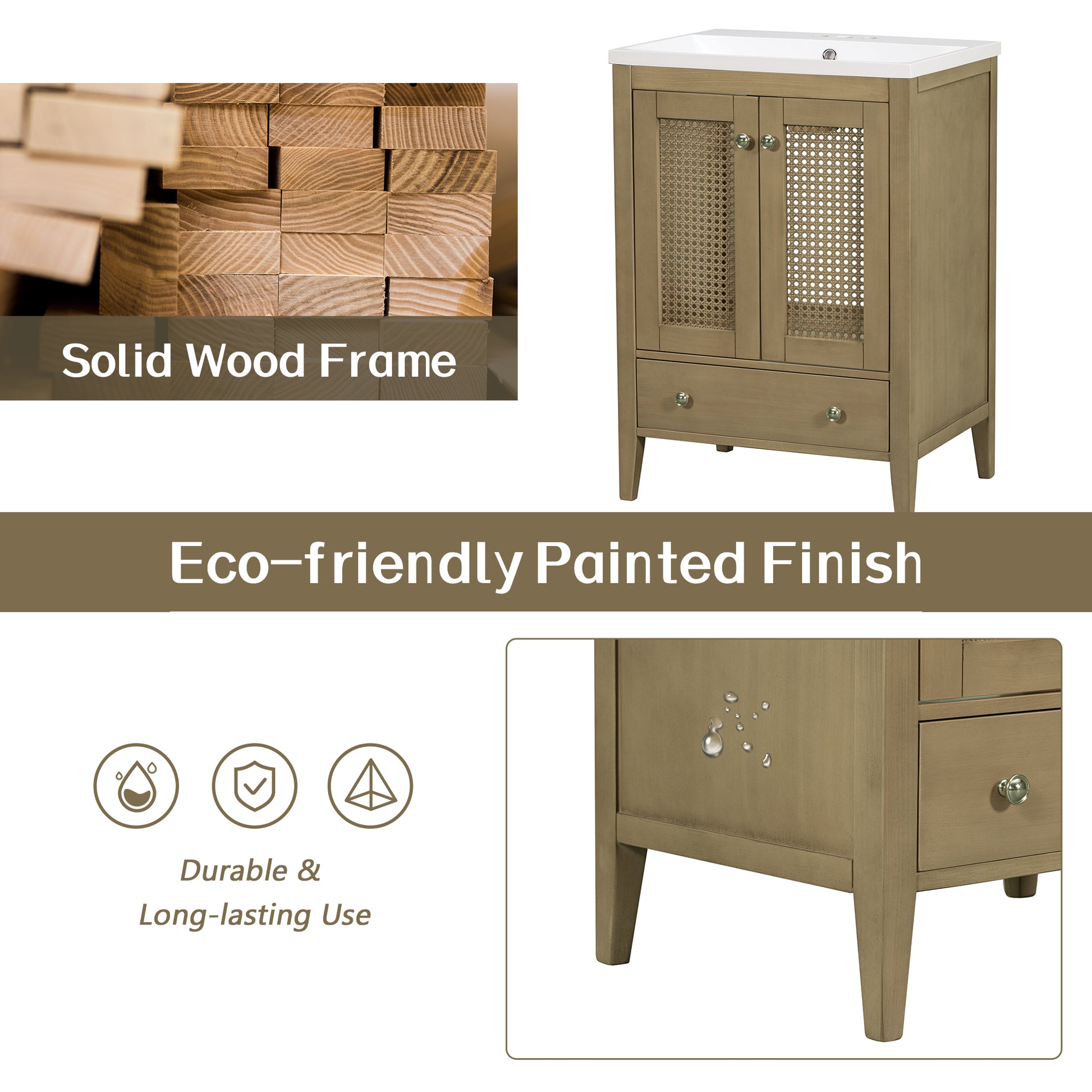 24" Bathroom Vanity With Ceramic Basin, Rattan Bathroom Storage Cabinet With Two Doors And Drawer, Solid Frame, Natural Old Sku: Jl000008Aad Natural Solid Wood Mdf