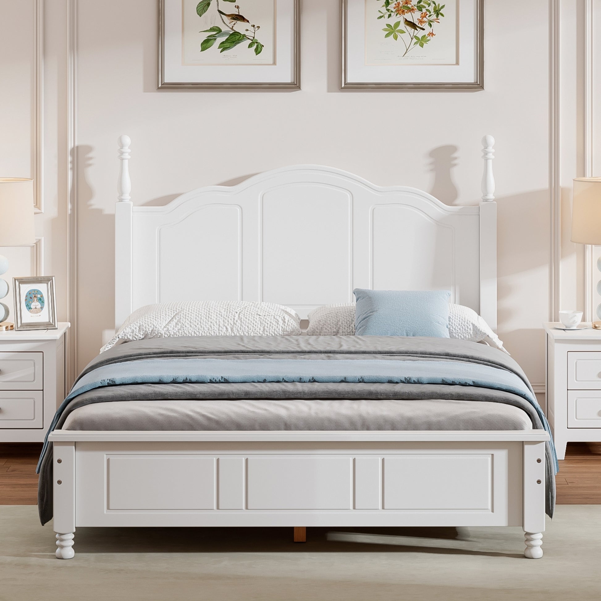 Full Size Wood Platform Bed Frame,Retro Style Platform Bed With Wooden Slat Support,White White Wood