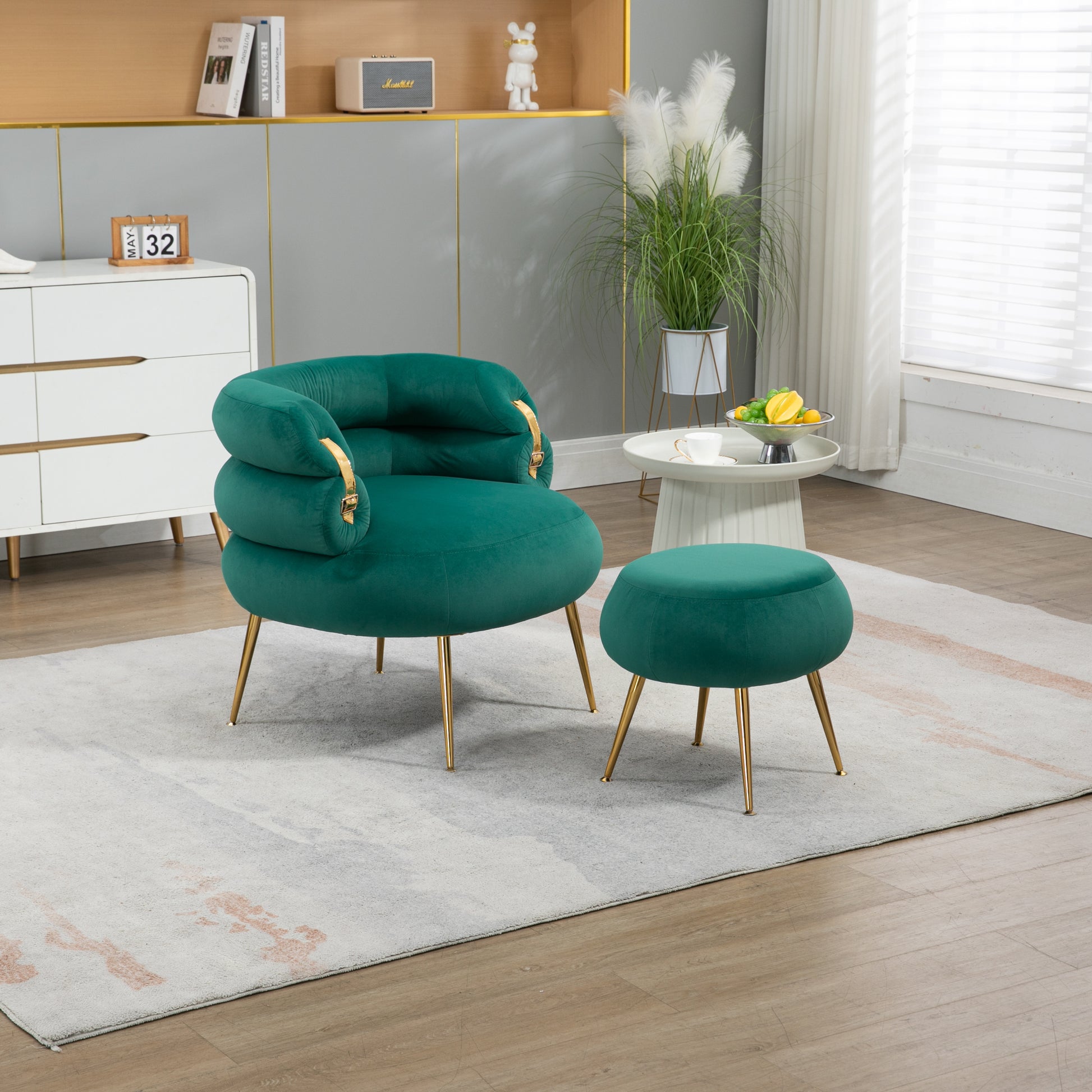 Coolmore Upholstered Velvet Barrel Accent Chair With Ottoman,Accent Comfy Lounge Arm Chair And Folding Footrest Stool Set,Single Sofa Armchair With Lounge Seat For Bedroom,Office Green Green Foam Velvet
