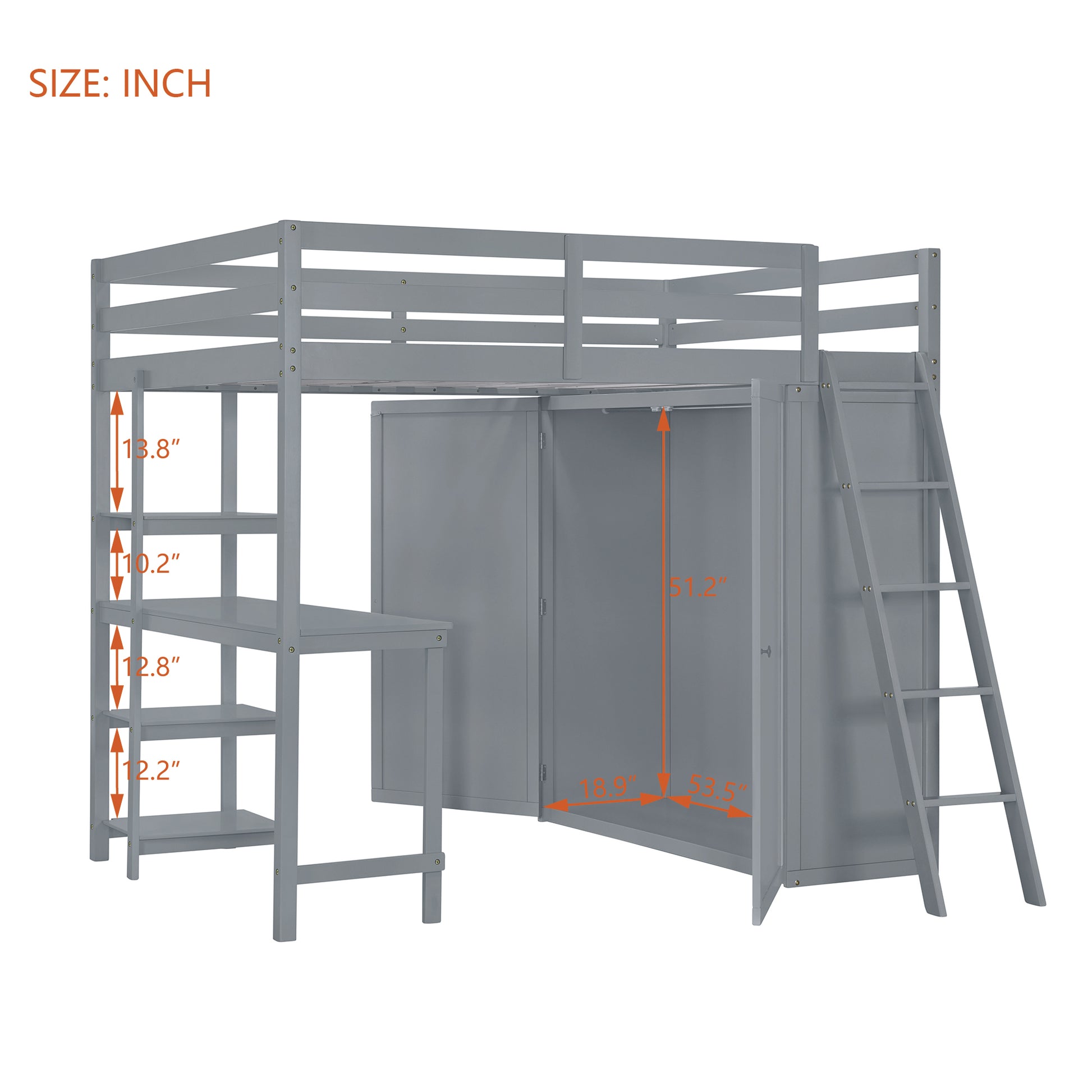 Full Size Loft Bed With Wardrobe And Desk And Shelves, Gray Full Gray Rubber Wood