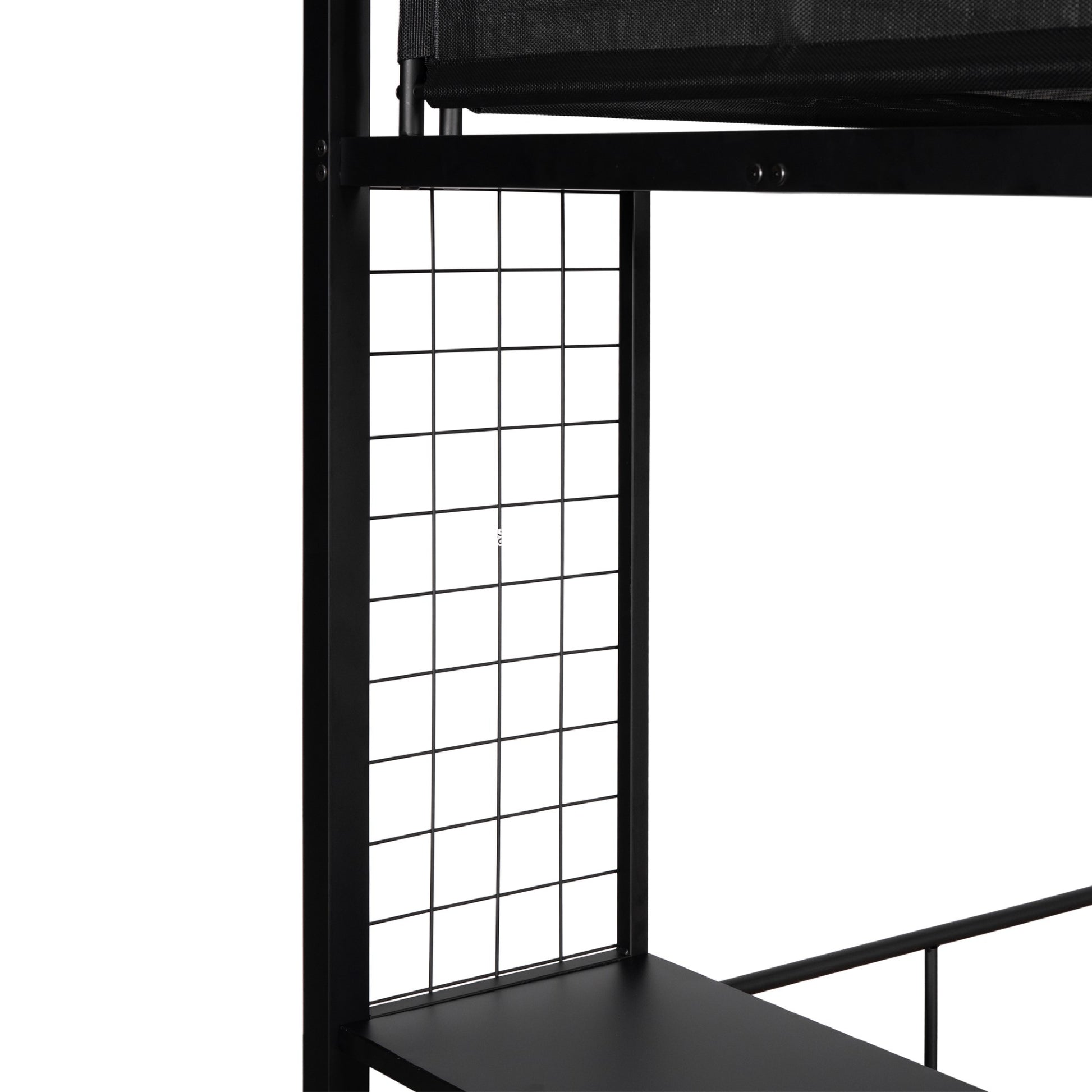 Metal Twin Over Full Bunk With Shelves & Grid Panel Sturdy Metal Bed Frame Noise Free Wood Slats Comfortable Textilene Guardrail Built In 2 Tier Shelves & Grid Panel Separated Full Size Bed Box Spring Not Required Black Metal Bedroom Bunk Steel