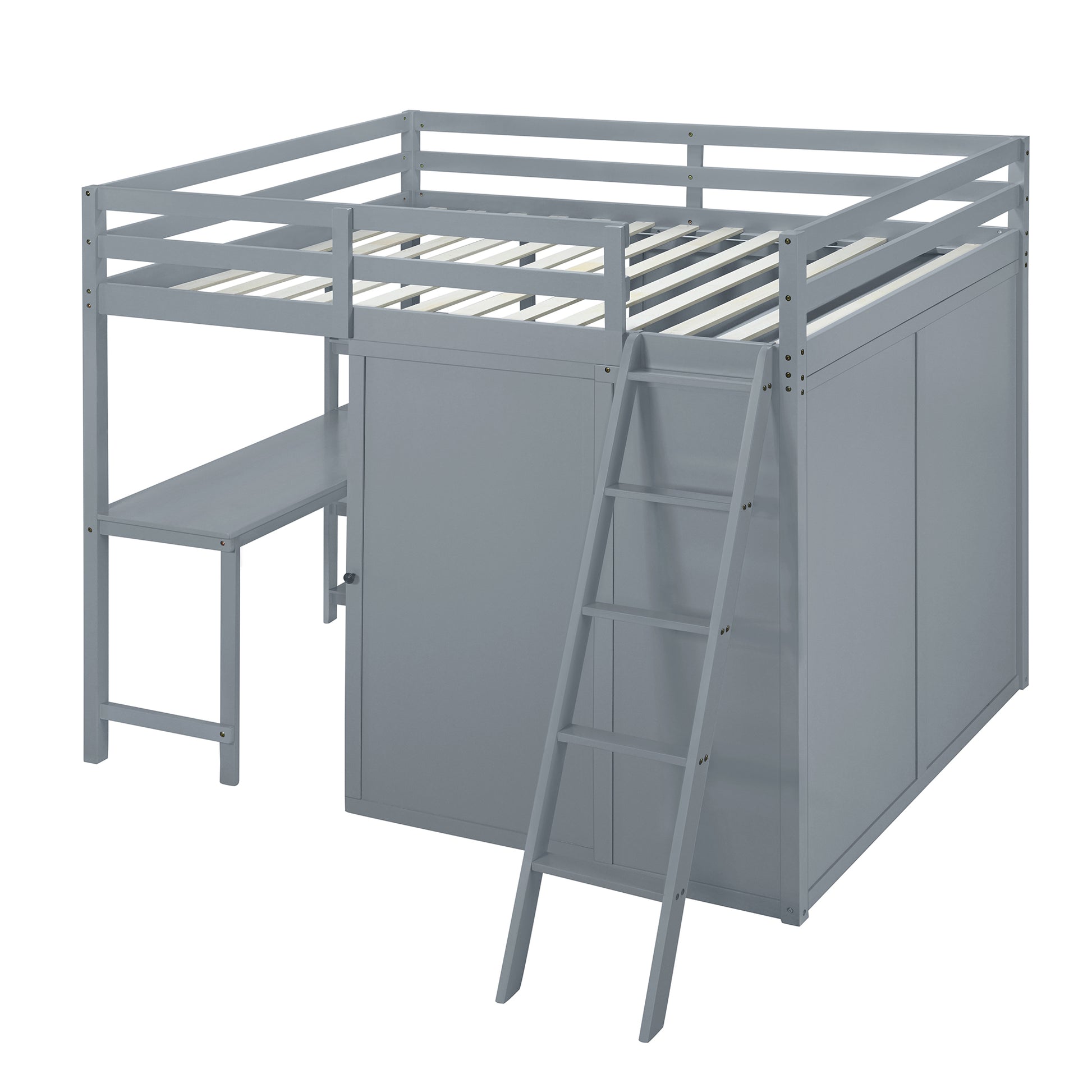 Full Size Loft Bed With Wardrobe And Desk And Shelves, Gray Full Gray Rubber Wood